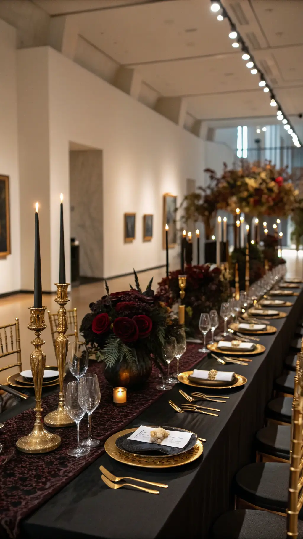 How to Create a Sophisticated Decor with Luxury Centerpieces? A dimly lit, elegant museum gallery reception with mirrored tables reflecting black candles in brass holders, dark burgundy flowers in black vases, ghost chairs, black and gold place settings, and art spotlighted above.