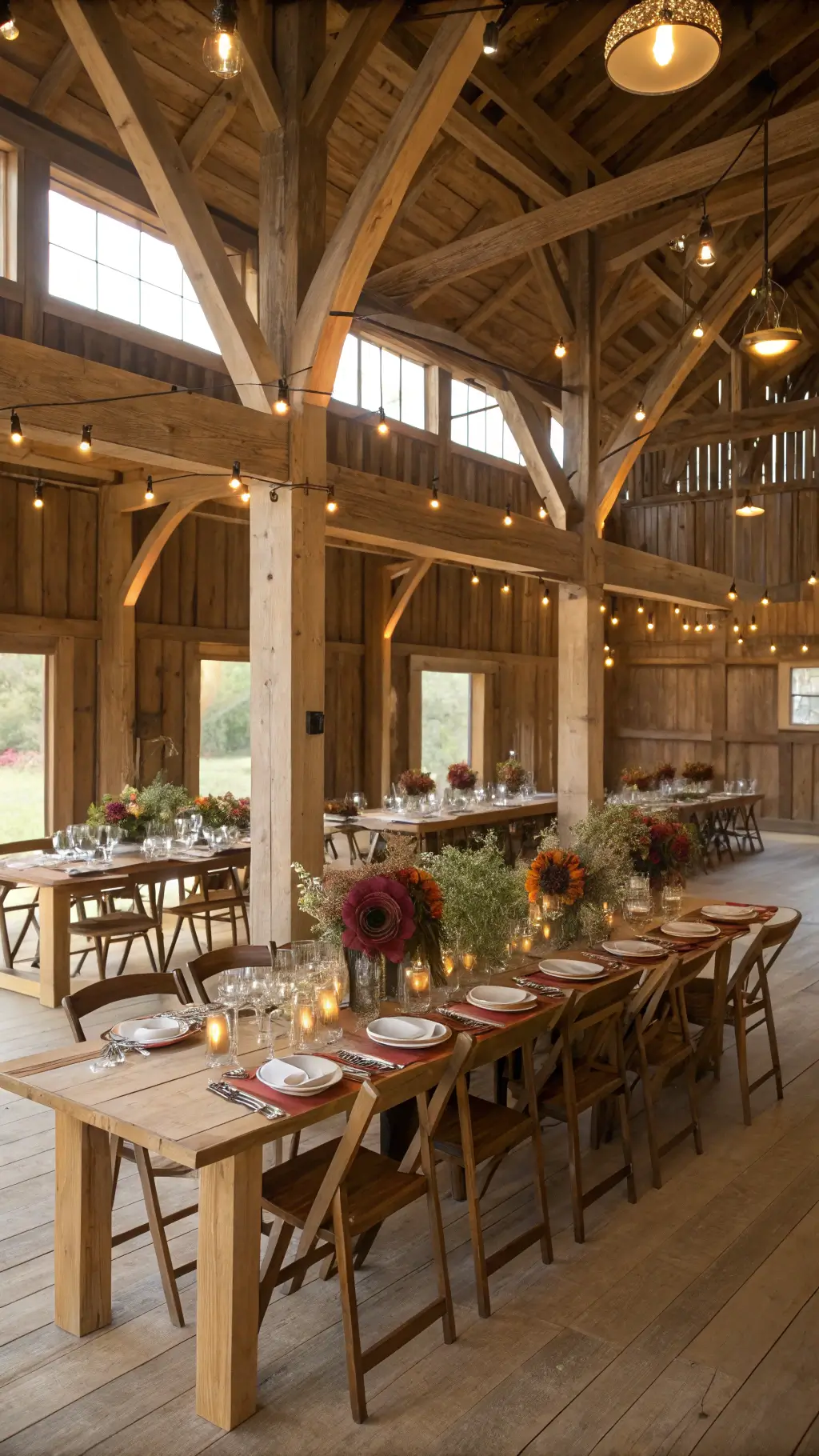How to Create a Sophisticated Decor with Luxury Centerpieces? A rustic-luxe barn celebration with afternoon light streaming through wooden beams, featuring wooden harvest tables, cross-back chairs, meadow-style centerpieces, crystal decanters, silk runners, pottery plates, and gold flatware. luxury centerpieces
