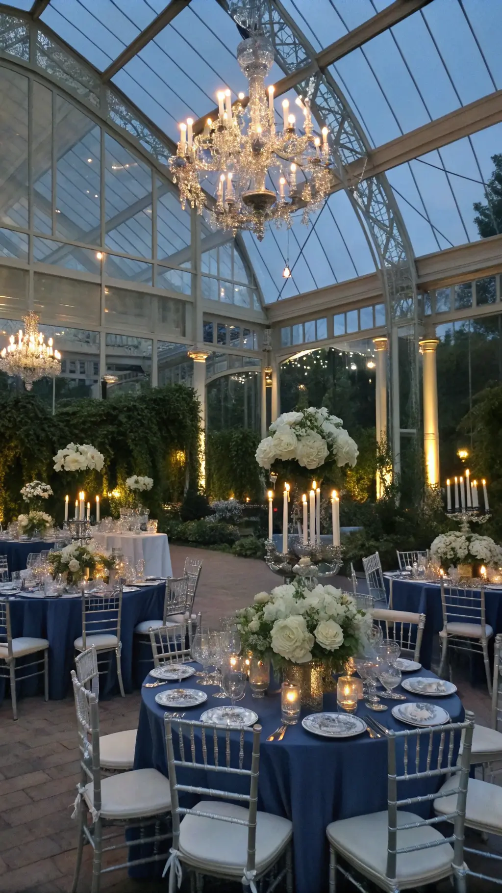 How to Create a Sophisticated Decor with Luxury Centerpieces? A luxurious conservatory wedding dinner with glass walls showcasing manicured gardens at dusk, featuring crystal chandeliers, velvet-draped tables with silver candelabras and floral arrangements, and elegant silver and crystal table settings. luxury centerpieces