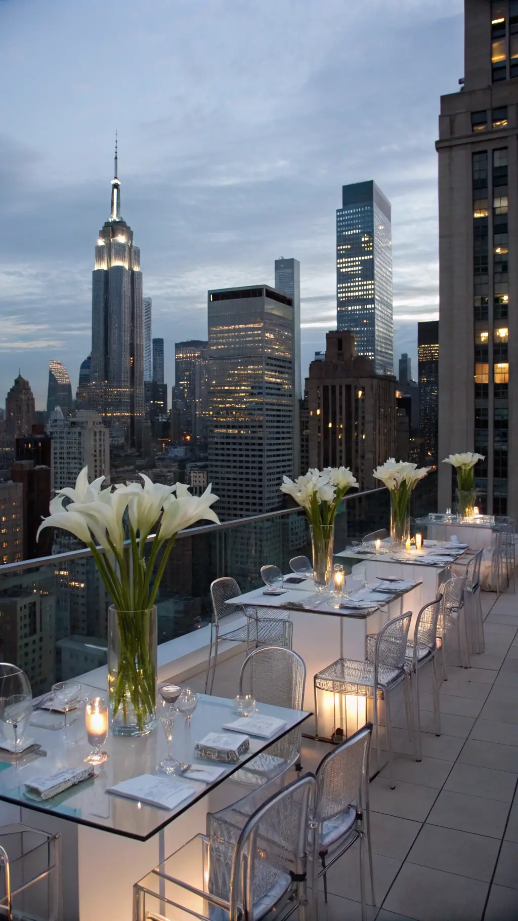 How to Create a Sophisticated Decor with Luxury Centerpieces? A luxurious penthouse terrace evening event in Manhattan during blue hour, featuring transparent tables, ghost chairs, and chrome decor with white calla lilies and orchids in mirrored vases. The setup includes sleek white chargers, crystal glassware, silver cutlery, and LED uplighting against the city's skyline, with floating candles adding a romantic ambiance as the day transitions to night. luxury centerpieces