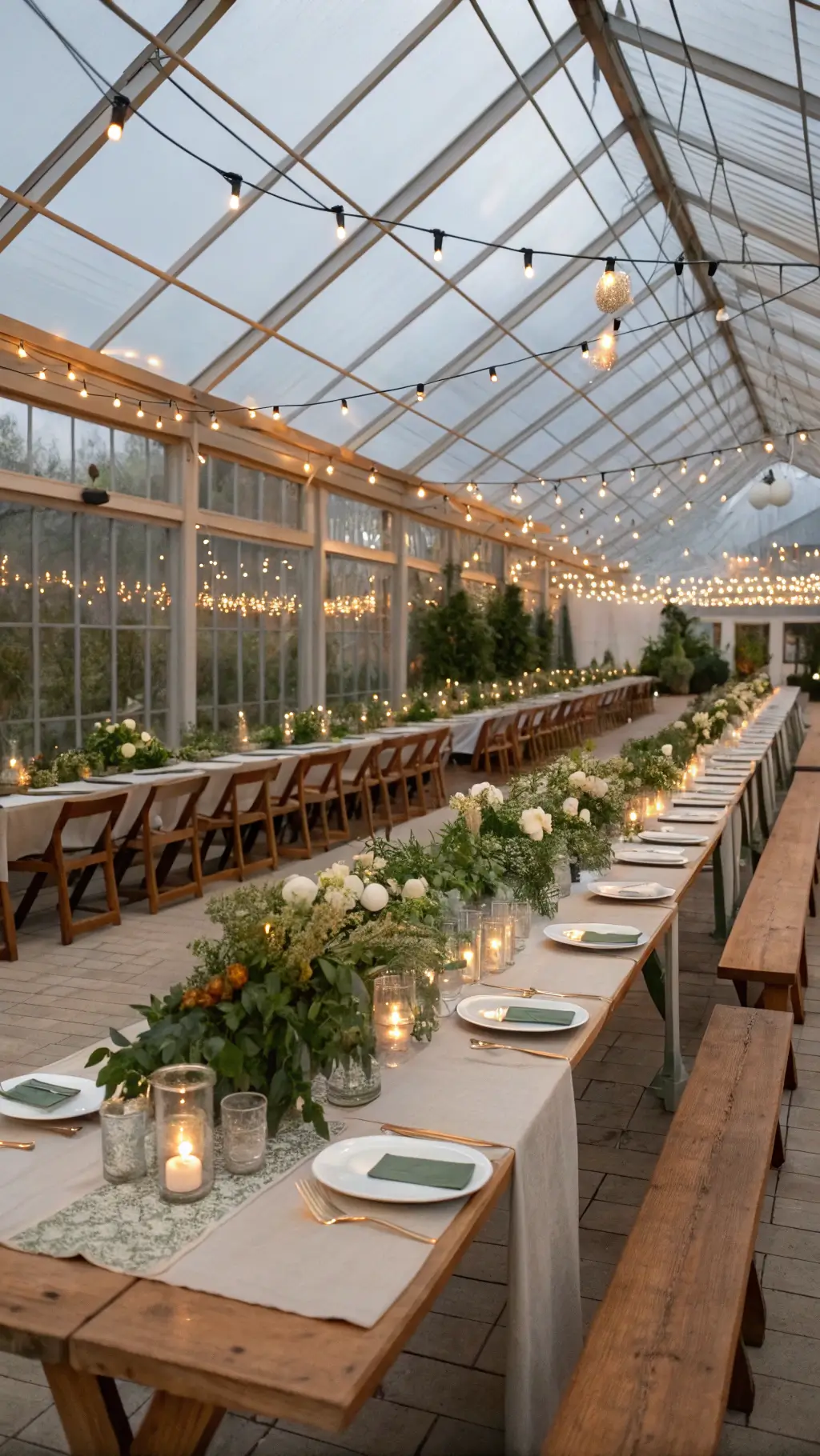 Early Spring Wedding Trends You’ll Want to Steal for Your Big Day! A sophisticated greenhouse venue with glass panels showing a twilight sky, featuring modern farmhouse tables with stone linen runners and sage velvet napkins, organic floral centerpieces in copper vessels, vintage brass candlesticks with cream tapers, string lights overhead, and gold-rimmed glassware catching ambient light. Early Spring Wedding