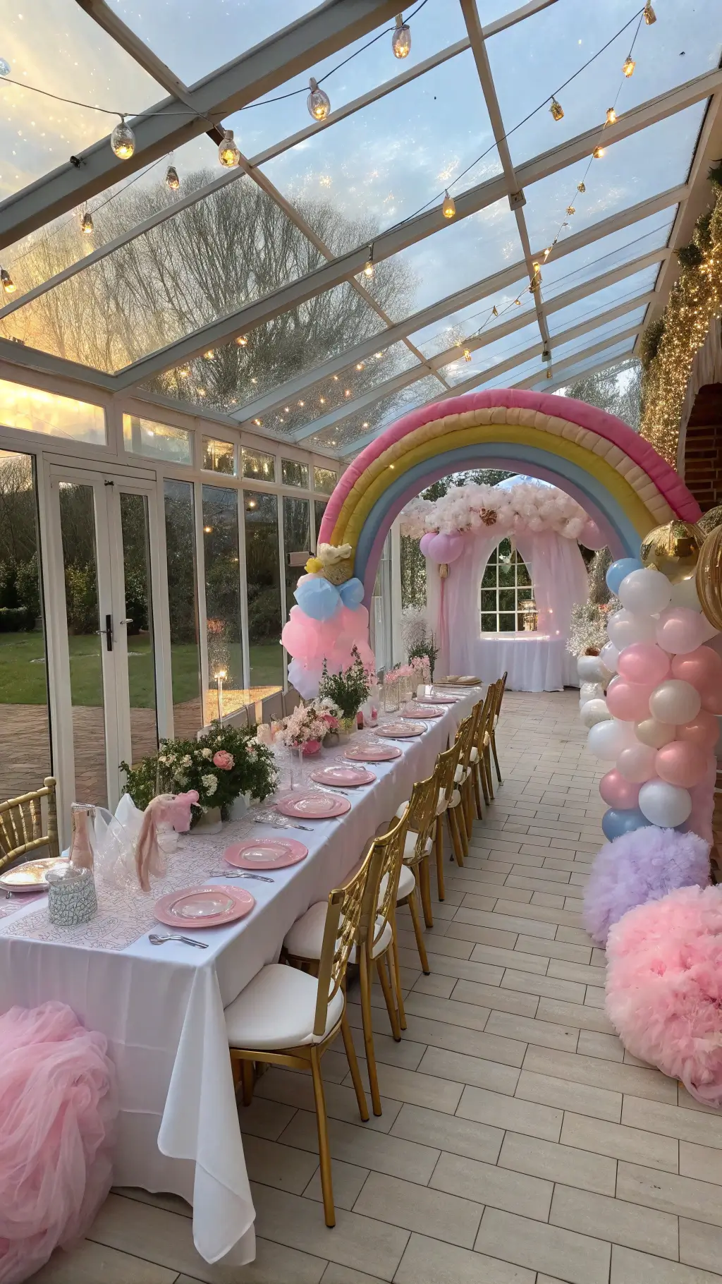 Ultimate Girl Birthday Party Decoration Guide A sunlit conservatory showcasing a whimsical unicorn-themed birthday setup, featuring iridescent decor, a farmhouse table with pastel accents, and a rainbow balloon arch.