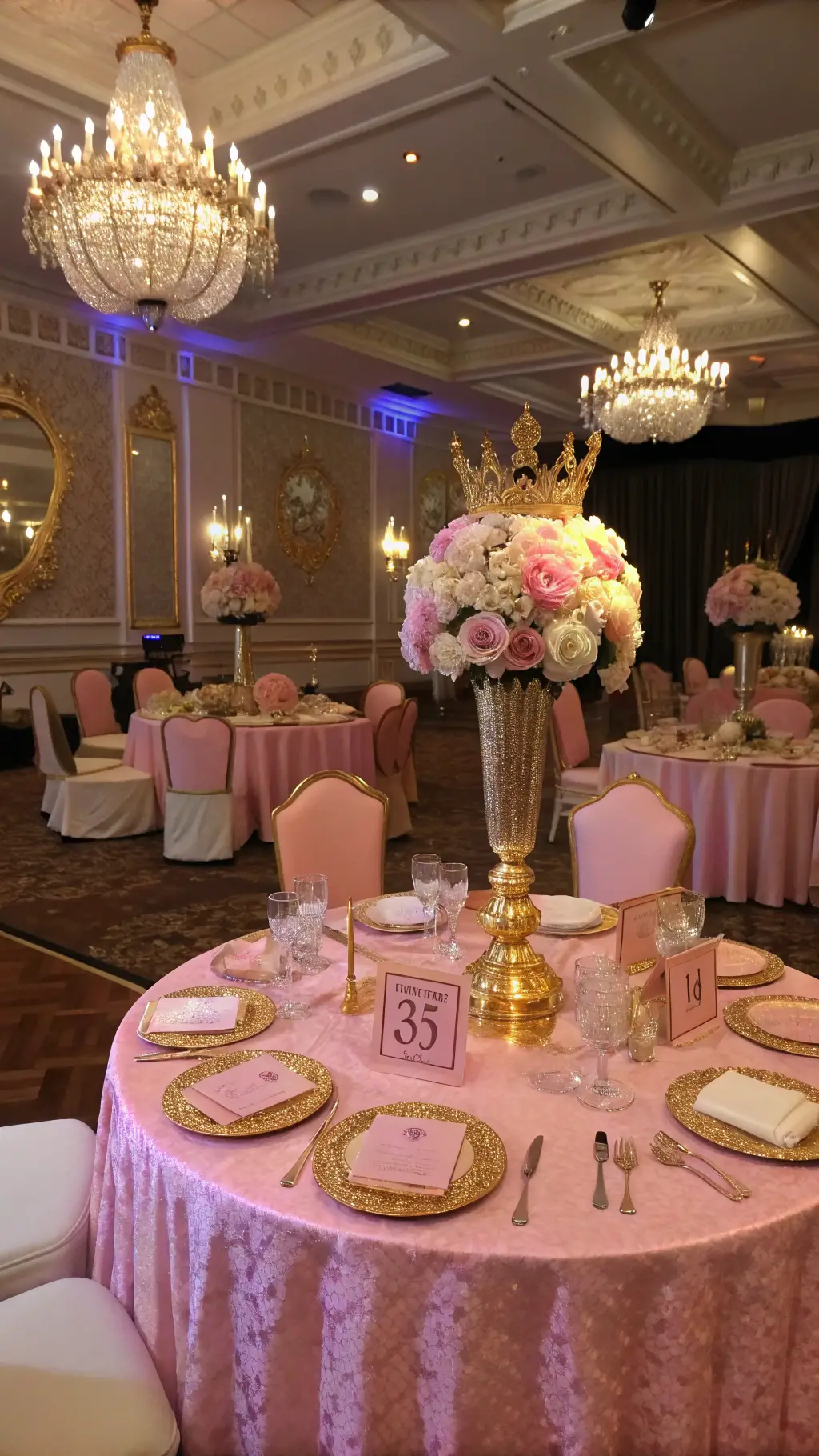 Ultimate Girl Birthday Party Decoration Guide A grand ballroom princess-themed celebration with blush pink velvet table linens, crystal chandeliers, floral gilded centerpieces, golden crown decor, and a flower-adorned throne-like chair.