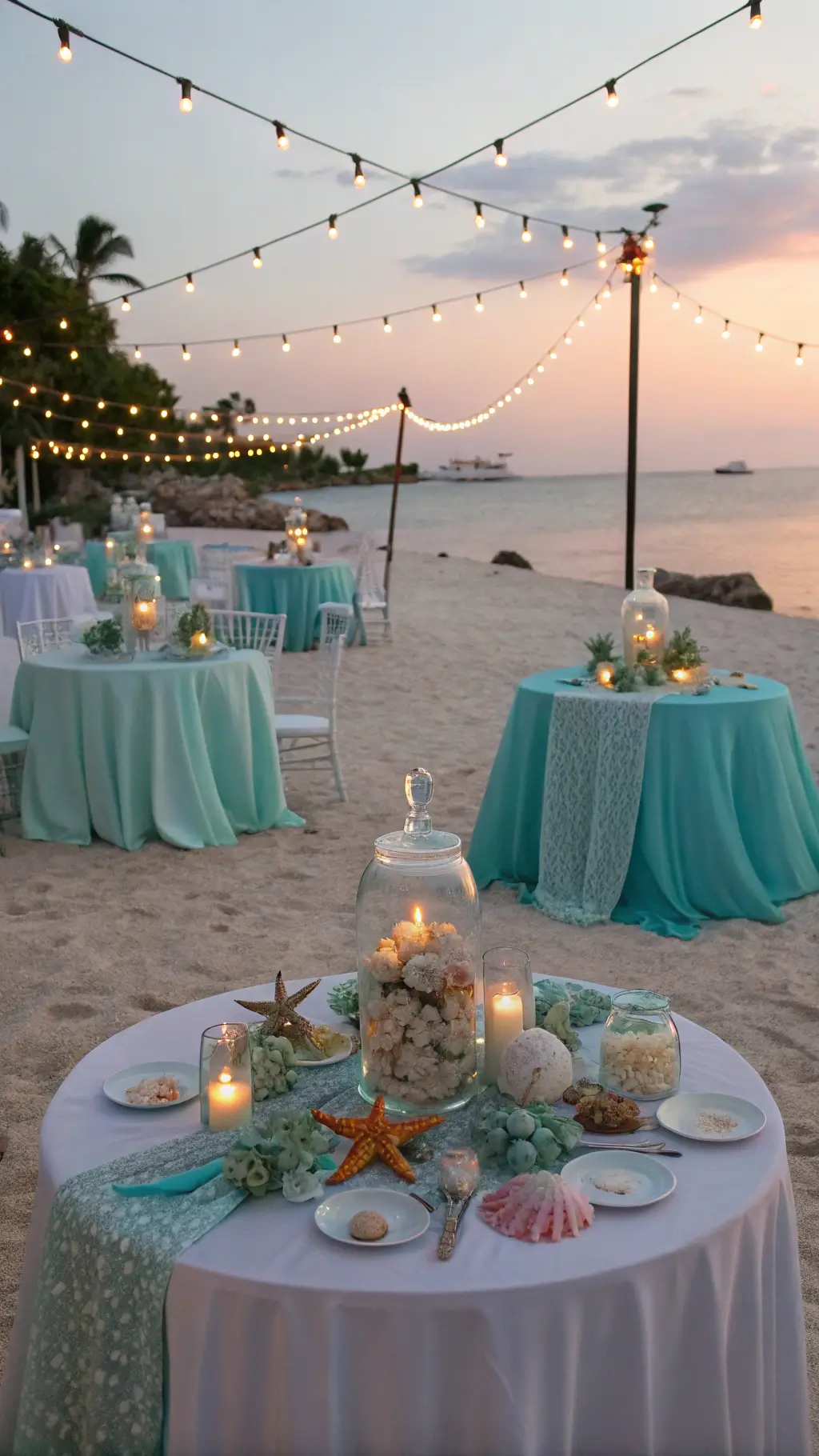 Ultimate Girl Birthday Party Decoration Guide Aerial view of a mermaid-themed beach party at sunset, featuring ombré aqua and pearl draped tables, glistening market lights, coral and shell centerpieces under glass cloches, and iridescent decorations against an ocean backdrop.
