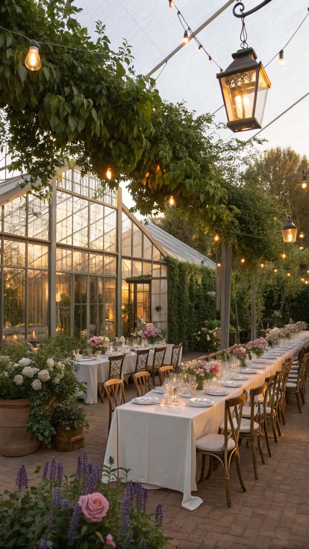 Ultimate Girl Birthday Party Decoration Guide An enchanted garden party at golden hour, featuring a Victorian greenhouse with ivy and wisteria, antique brass lanterns on tables with garden roses and wild greenery, vintage teacups, and floating paper butterflies and dragonflies, captured with natural backlighting.
