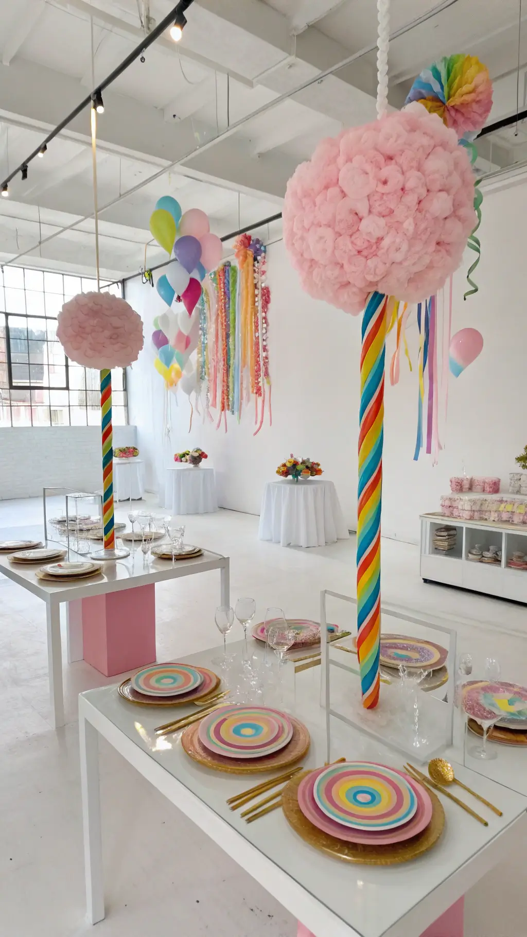 Ultimate Girl Birthday Party Decoration Guide A modern white loft transformed into a candy wonderland with acrylic tables, cotton candy clouds, spiral lollipop trees, rainbow ribbon canopy, striped plates, gold flatware, and rock candy centerpieces. girl birthday decoration ideas