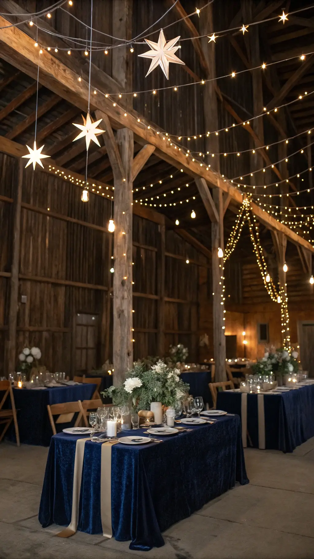 Ultimate Girl Birthday Party Decoration Guide Rustic barn interior decorated for a starry night celebration with velvet linens, warm white string lights, constellation-themed table runners, mercury glass vases with white flowers and eucalyptus, and paper stars creating a magical ambiance. girl birthday decoration ideas
