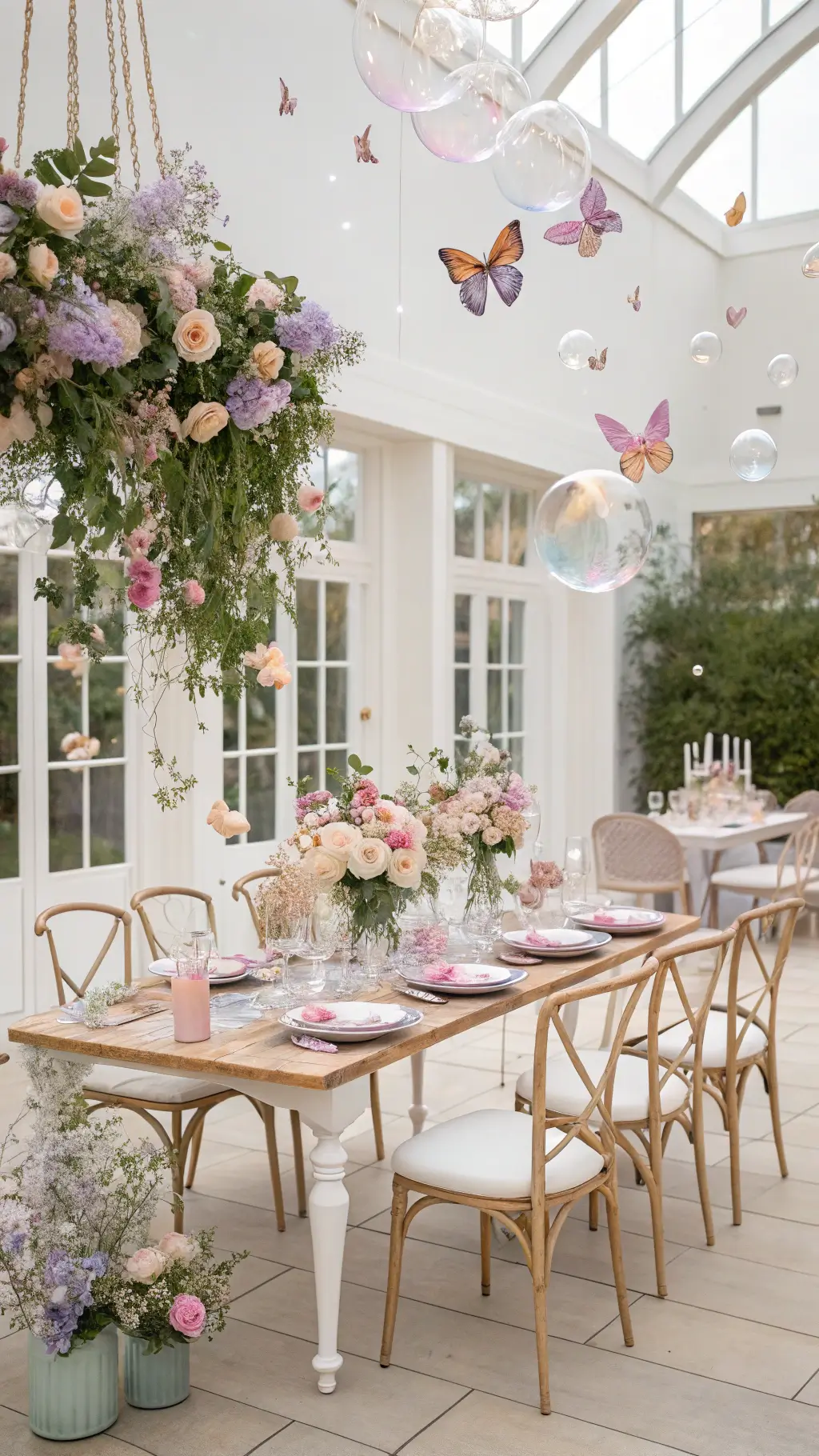 Ultimate Girl Birthday Party Decoration Guide Butterfly-themed garden party in an orangery with glass tables featuring butterfly details, floating floral installations with preserved butterflies, and crystal prisms creating rainbows. girl birthday decoration ideas