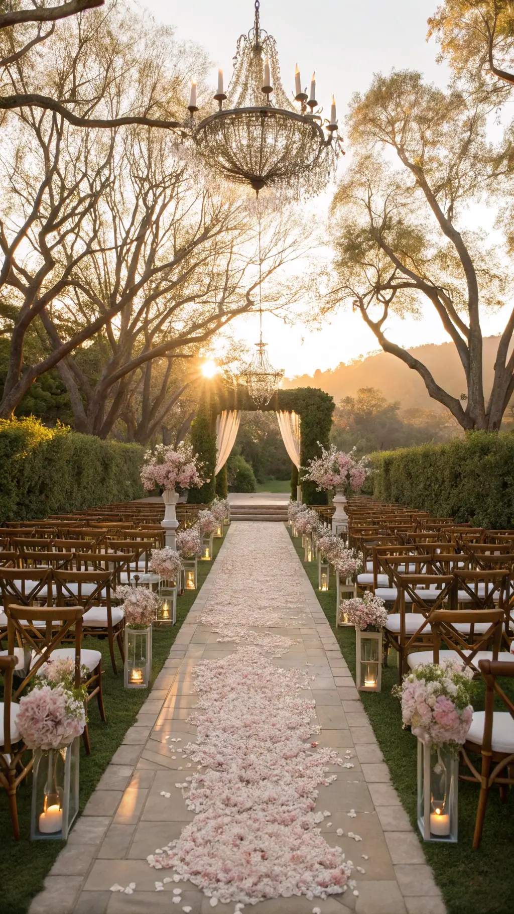Magical May Wedding Ideas: A Spring Celebration Guide A grand garden ceremony at golden hour with a flower-lined aisle in an English garden estate, framed by cherry blossom trees and crystal chandeliers. Rows of cross-back wooden chairs with silk ribbons line a stone pathway, with soft blush and ivory flower arrangements under warm sunset light, creating a dreamy atmosphere. may wedding ideas spring