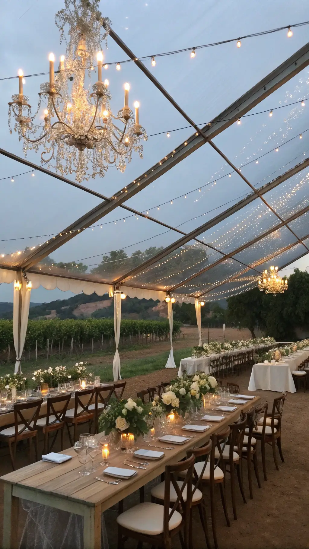 Magical May Wedding Ideas: A Spring Celebration Guide An intimate vineyard reception in a clear-top tent at twilight with crystal chandeliers, twinkle lights, long farm tables with ivory runners, floral centerpieces, vintage brass candlesticks, and gold-rimmed chargers, set against a backdrop of vines and mountains.