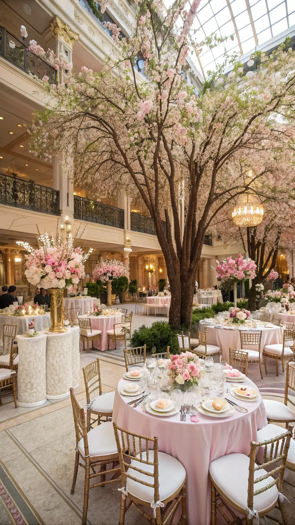 Magical May Wedding Ideas: A Spring Celebration Guide A luxurious ballroom transformed into a spring garden with cherry blossom trees, round tables with white linens, blush floral centerpieces, ghost chairs with pink cushions, and gold chargers with calligraphed place cards, viewed from a balcony perspective.
