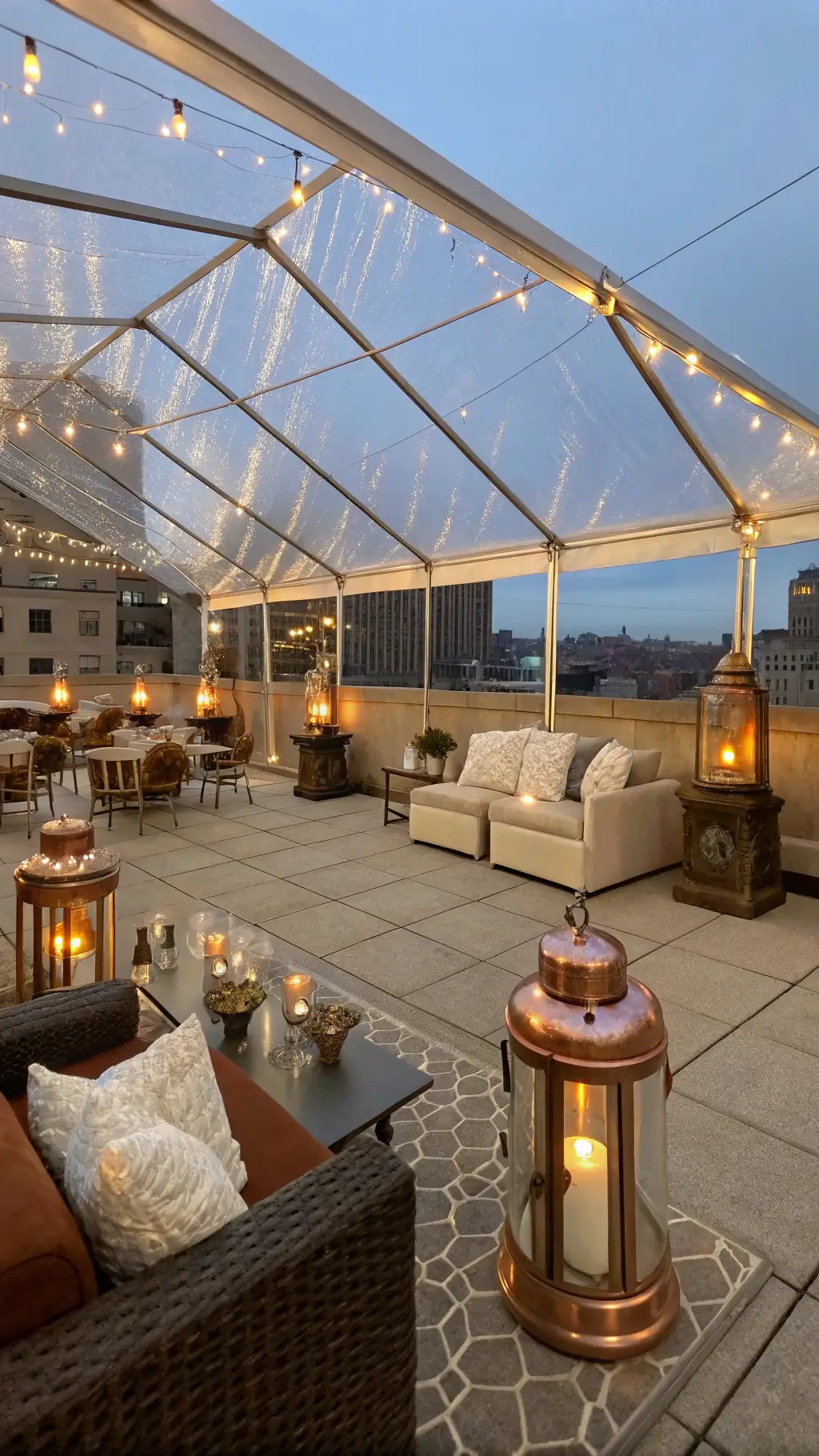 Early Spring Wedding Trends You’ll Want to Steal for Your Big Day! A dusk view of a covered terrace with a clear-top tent decorated with fairy lights. The lounge area features mocha and cream bouclé furniture with metallic pillows. Copper heat lamps add warmth and light, while a hot chocolate station with copper urns and ceramic mugs is set up nearby. City lights twinkle in the background. Early Spring Wedding