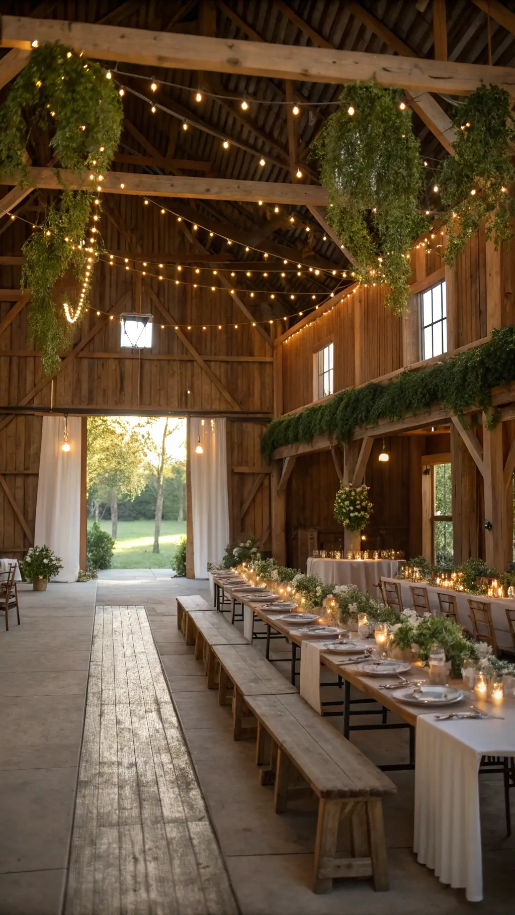 Magical May Wedding Ideas: A Spring Celebration Guide Rustic barn reception at sunset with wooden beams, Italian rattan lights, and greenery; tables set with stone chargers, copper flatware, and sage napkins; wildflower centerpieces and brass candlesticks. may wedding ideas spring