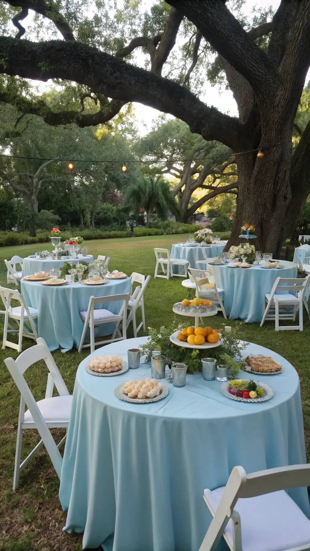 Magical May Wedding Ideas: A Spring Celebration Guide A picturesque garden brunch reception under mature oak trees, featuring round tables with pale blue silk linens, herb centerpieces in silver cups with citrus fruits, white garden chairs with blue cushions, and vintage serve ware with pastries and fruit in soft mid-morning light. may wedding ideas spring