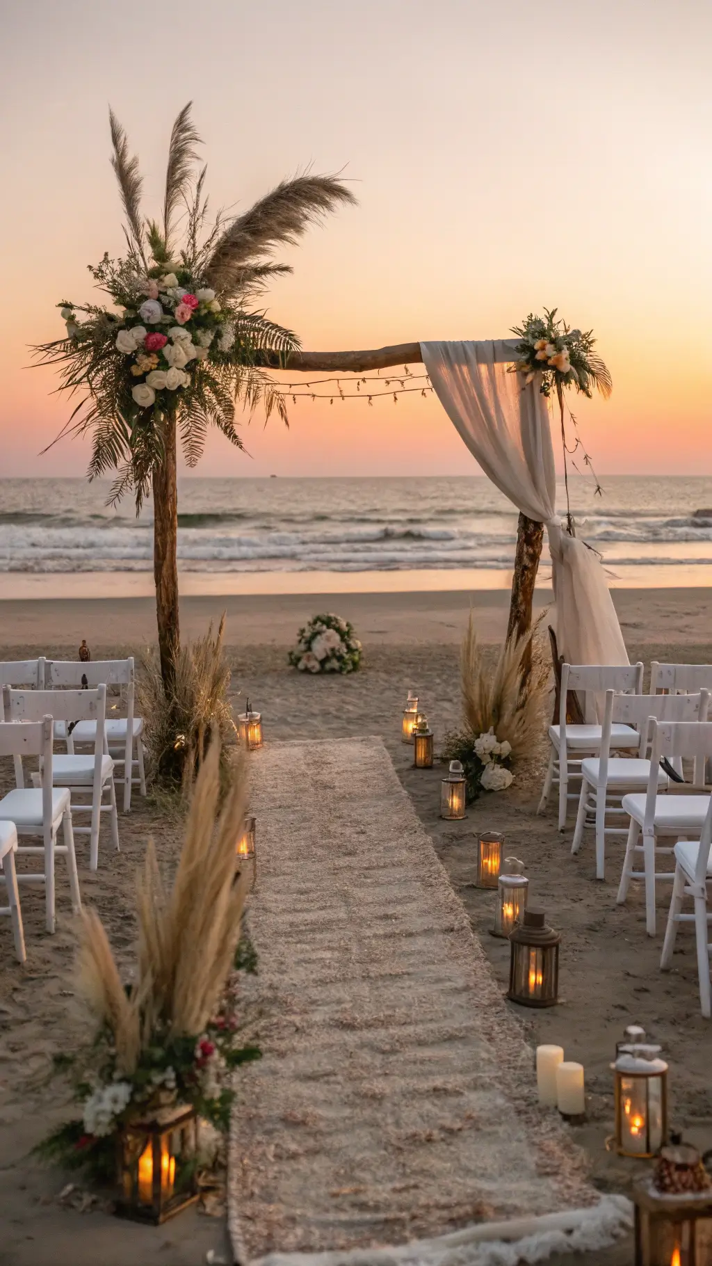 Magical May Wedding Ideas: A Spring Celebration Guide A side-angle view of a twilight beach ceremony showcasing a natural wood arch adorned with pampas grass, protea, and silk ribbons against a pink-orange sunset sky. The aisle features hurricane lanterns and organic florals, with ghost chairs accented by ivory sheepskin throws, set against an ocean backdrop with visible waves. may wedding ideas spring