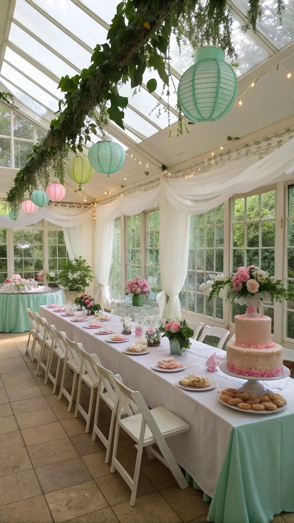 How to Host the Perfect Kids' Tea Party Birthday A sunlit garden conservatory set for a children's tea party with vintage pink and mint green tea sets, hanging paper lanterns, fresh flower garlands, and twinkling fairy lights, creating a whimsical and enchanted atmosphere.