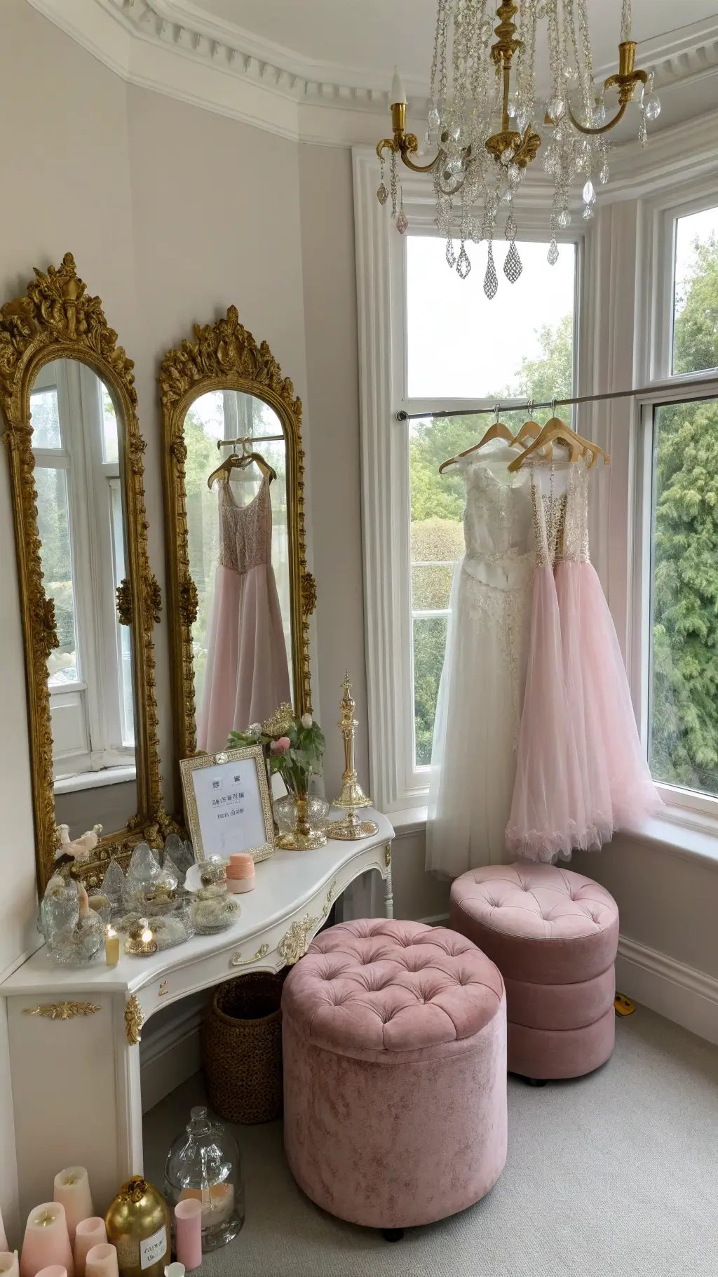 How to Host the Perfect Kids' Tea Party Birthday An elegant dress-up corner in a sunlit bay window with ornate mirrors, sparkly tiaras, silk gloves, pastel gowns, a vintage vanity with pearl strands, blush pink velvet poufs, and a crystal chandelier casting light patterns.