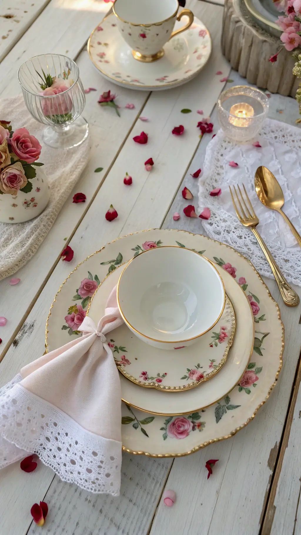 How to Host the Perfect Kids' Tea Party Birthday Overhead view of an elegant tea party setting on a rustic whitewashed table with fine china, rose-gold flatware, embroidered napkin, flower posies, rose petals, and sugar crystals.
