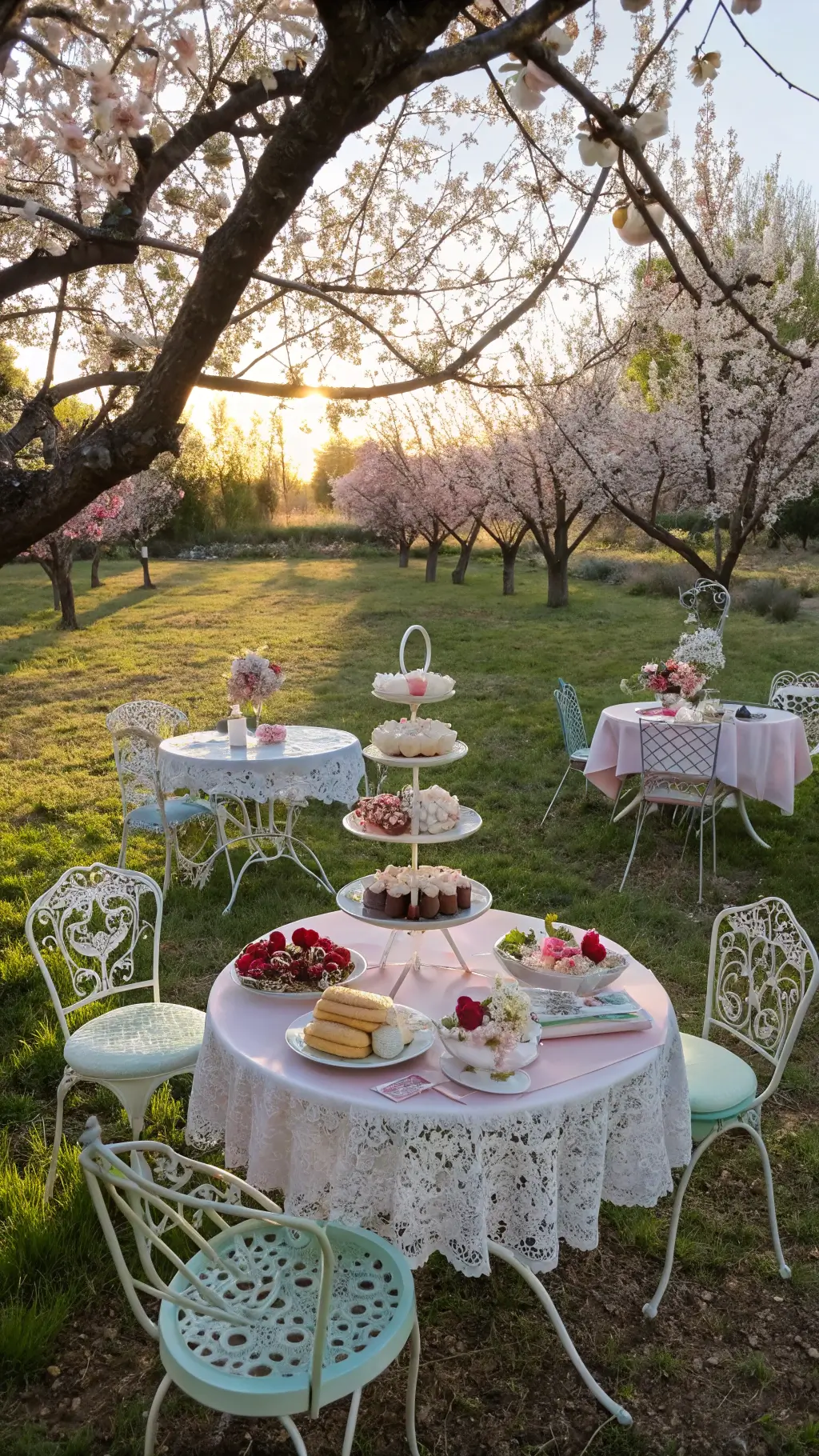 How to Host the Perfect Kids' Tea Party Birthday A serene tea garden at golden hour with white wrought-iron tables under blooming cherry trees, surrounded by pastel vintage chairs. Tables are adorned with lace tablecloths and abundant tiered trays of petit fours and berries. Crystal prisms hang from branches, casting rainbows in the sunlit scene.