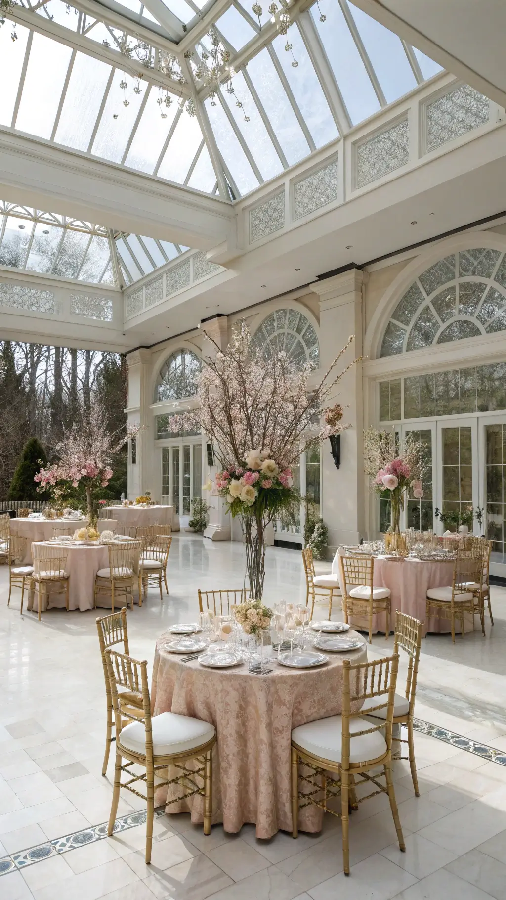 Early Spring Wedding Trends You’ll Want to Steal for Your Big Day! Aerial view of a bright conservatory with reflective white marble floors, featuring round and square tables adorned with champagne sequin linens and ghost chairs, highlighted by floral centerpieces of cherry branches and spring bulbs; architectural details and gold-rimmed chargers with blush napkins noted. Early Spring Wedding