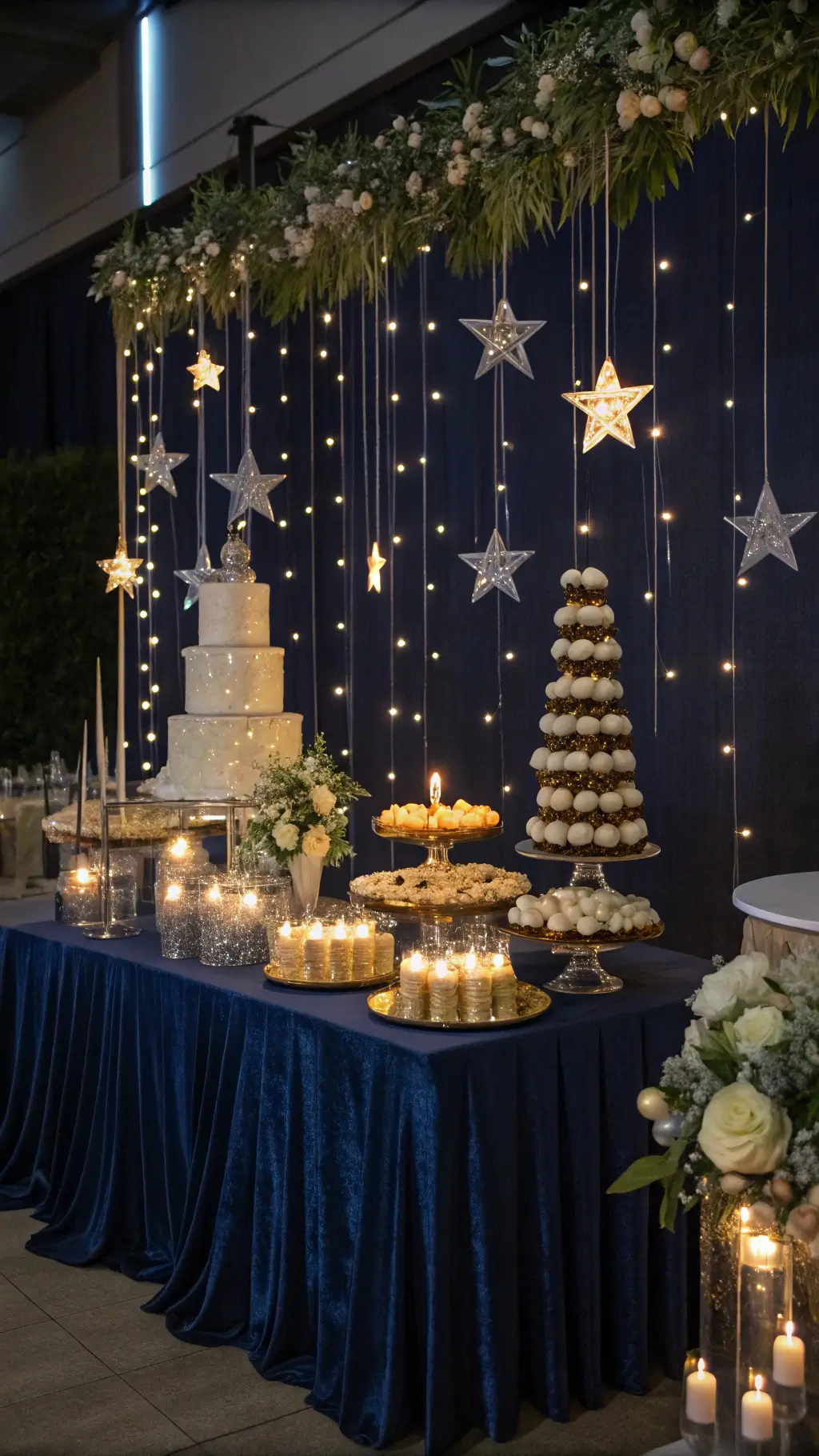 How to Host the Perfect Kids' Tea Party Birthday An enchanting dessert buffet with floating candles, gold-dusted treats on crystal cake stands, and star-shaped fairy lights, set against a midnight blue silk-draped table, with fresh white flowers and silver leaves.