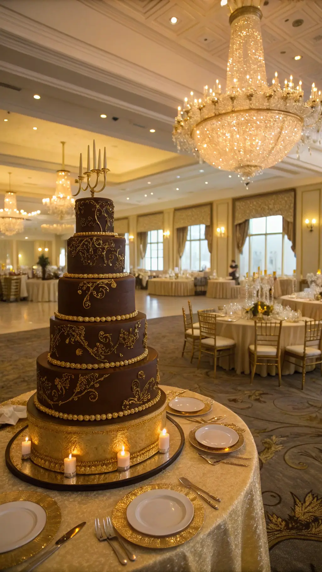 50th Wedding Anniversary Chocolate Cake Ideas A luxurious ballroom with a large chocolate wedding cake featuring gold accents, surrounded by tables with champagne linens and gold-rimmed settings, illuminated by crystal chandeliers and natural light from tall windows.