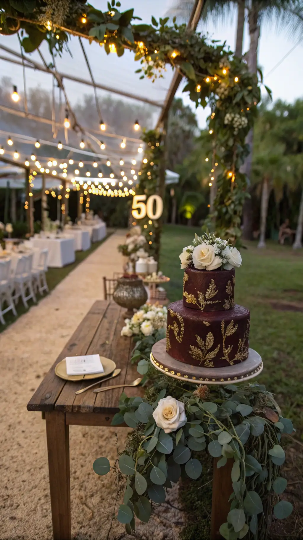 50th Wedding Anniversary Chocolate Cake Ideas An intimate garden pavilion at sunset featuring a chocolate cake shaped like the number '50' on a rustic table with eucalyptus and roses, under glowing market lights and surrounded by vintage furniture.