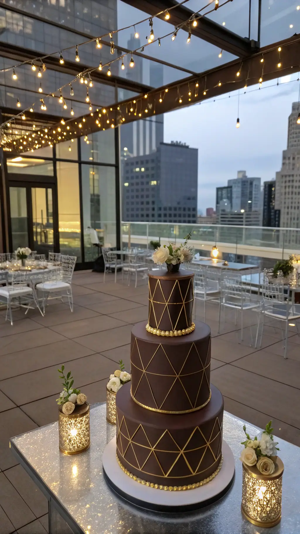 50th Wedding Anniversary Chocolate Cake Ideas Aerial view of a modern rooftop venue at twilight featuring a sophisticated three-tier chocolate champagne cake with metallic gold geometric details. The setting includes glass tables with gold vessel floral arrangements, surrounded by ghost chairs. Floor-to-ceiling windows reveal city views, with uplighting and suspended Edison bulbs enhancing the ambiance.