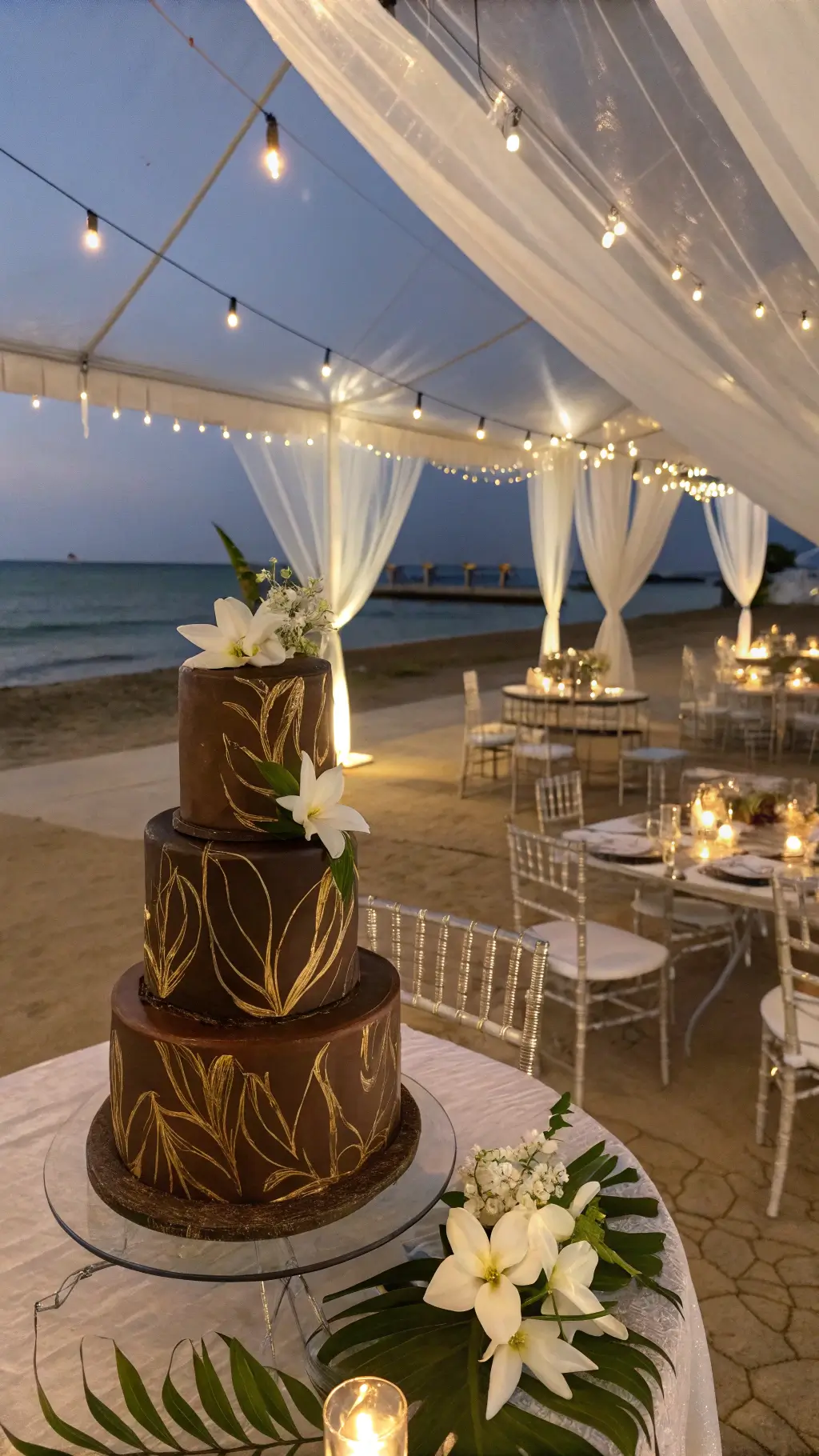 50th Wedding Anniversary Chocolate Cake Ideas A beachside scene at dusk featuring an elegant cake with gold brushstrokes on an acrylic stand, surrounded by ghost chairs and mirrored tables adorned with tropical centerpieces of white orchids and monstera leaves, under string lights against an ocean backdrop.