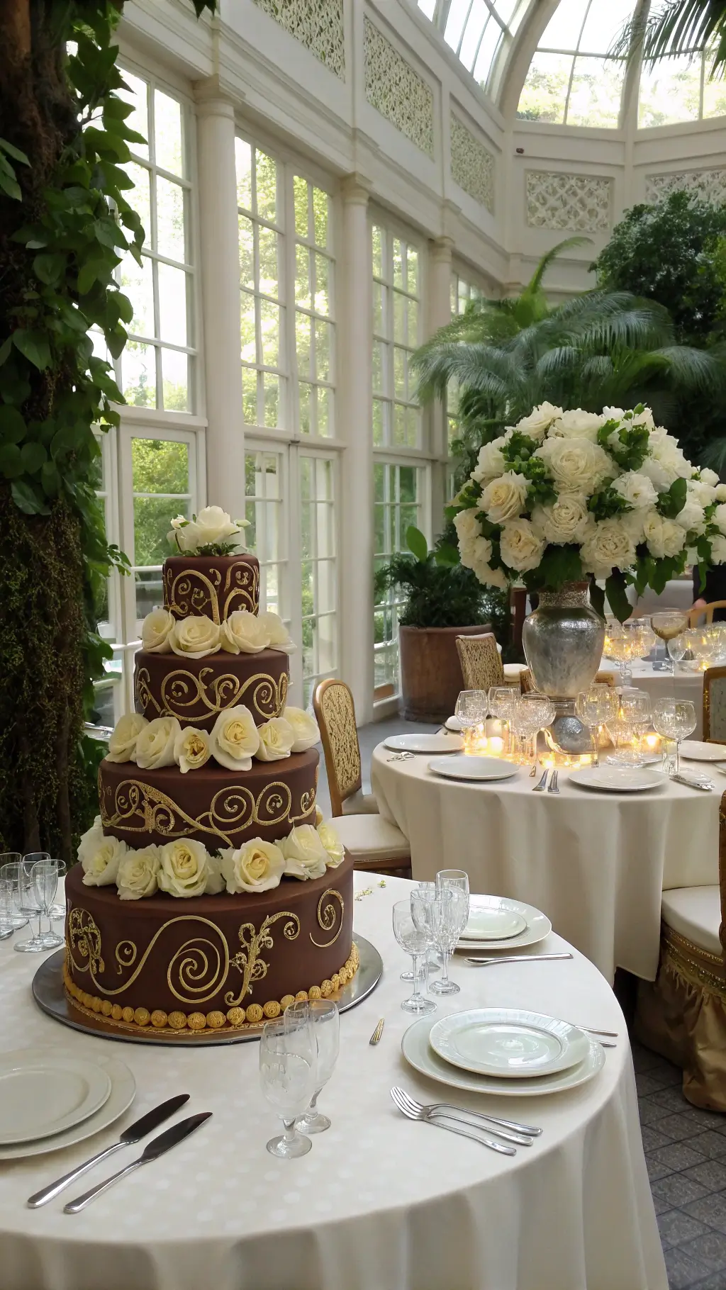 50th Wedding Anniversary Chocolate Cake Ideas A classic hotel conservatory bathed in natural light features an ornate chocolate anniversary cake adorned with cascading sugar flowers and golden anniversary dates. Round tables with ivory linens and elevated centerpieces of white hydrangeas and roses are elegantly set with crystal stemware and silver chargers, seen through lush greenery. 50th Wedding Anniversary Chocolate Cake