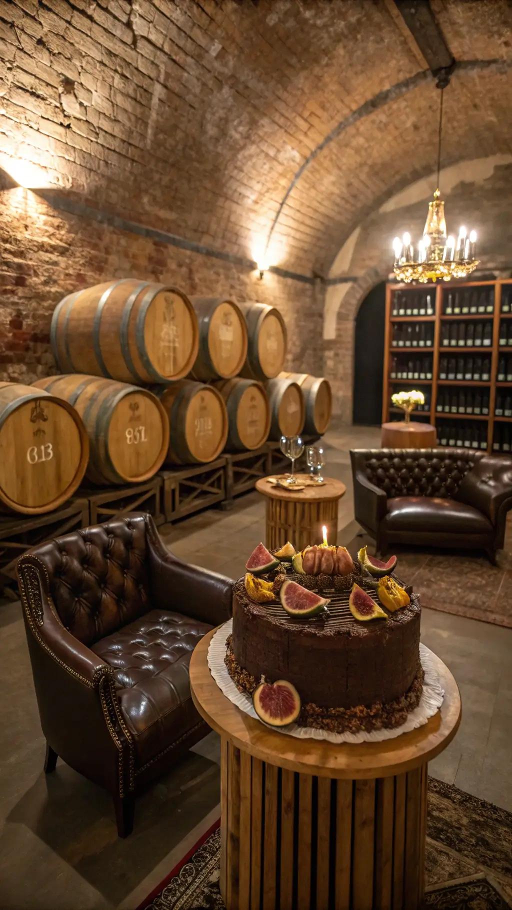 50th Wedding Anniversary Chocolate Cake Ideas A candlelit wine cellar with exposed brick walls showcasing a chocolate-champagne cake adorned with edible gold leaf and fresh figs, surrounded by wooden wine barrels as tables; vintage champagne coupes and leather lounge furniture enhance intimate seating with warm, moody lighting. 50th Wedding Anniversary Chocolate Cake