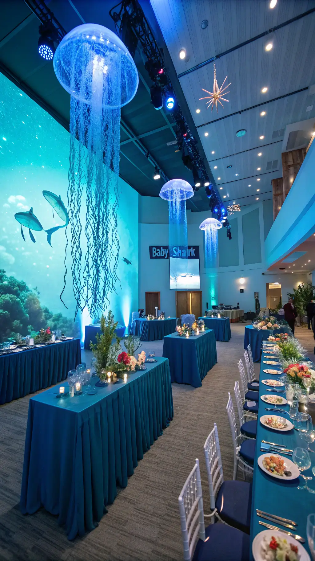 10 Adorable Baby Boy First Birthday Party Ideas for 2025 An overhead view of an underwater-themed event space with blue and turquoise uplighting. Iridescent fabric jellyfish hang above, illuminated with LED lights. Ombré blue table linens feature coral and seashell centerpieces. Bubbles float in the air as water effects are projected on the walls. Table settings include glass chargers with pearl accents, navy napkins, and golden starfish. A 'Baby Shark' dessert display stands against a wave backdrop lit by cool blue spotlights.