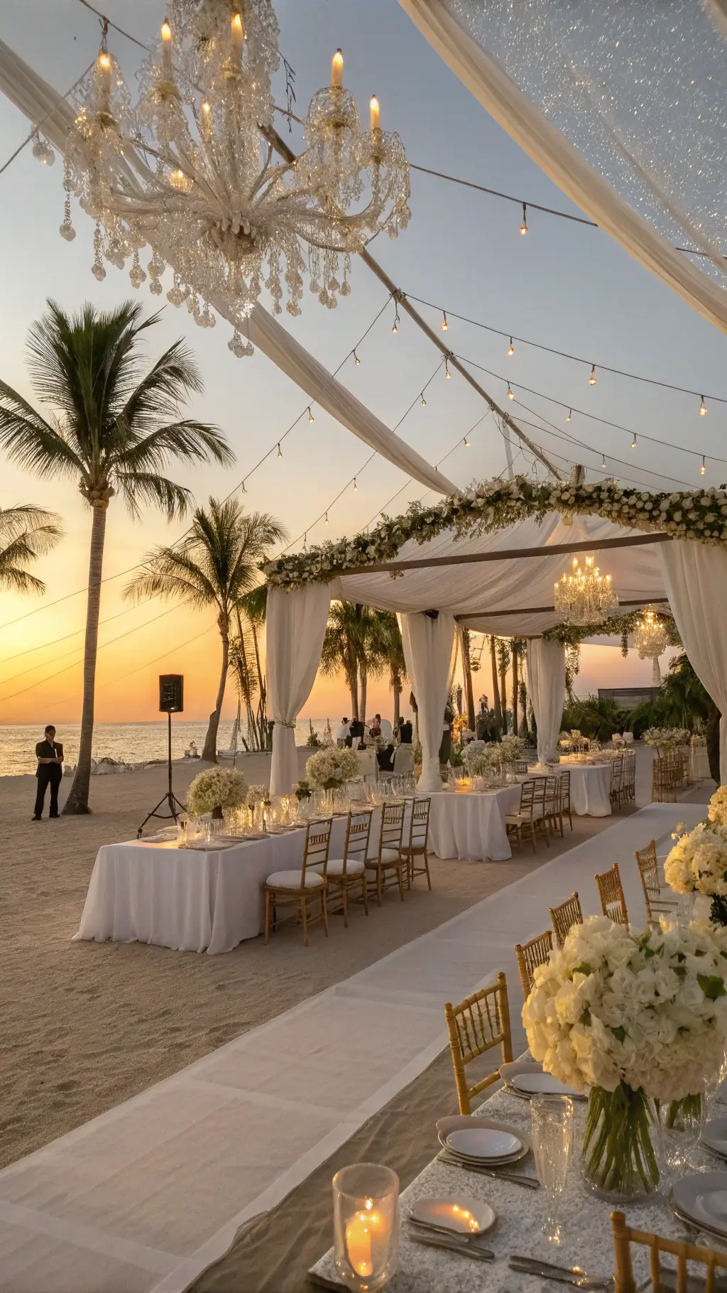 How to Plan a Dream Beach Wedding Reception A luxurious beachfront resort reception at golden hour featuring an elegant clear-top tent with cascading white orchids, crystal chandeliers, and crisp white silk-draped tables with coral and white centerpieces, gold chiavari chairs, and market lights overhead. An ivory carpet aisle runs through the sand with ambient driftwood accents and lanterns.