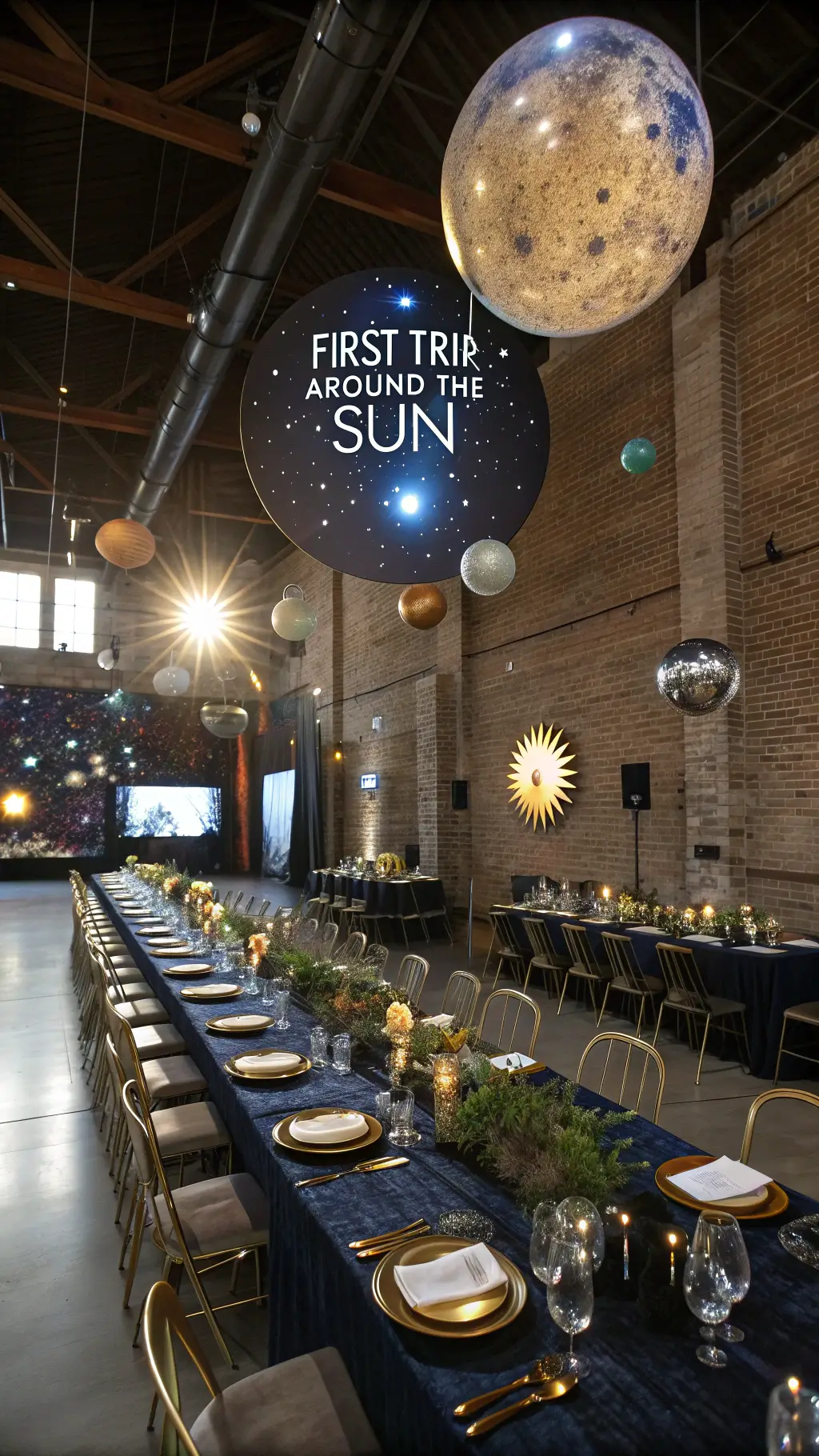 10 Adorable Baby Boy First Birthday Party Ideas for 2025 A modern loft with exposed brick walls featuring suspended planets and stars, mirrored tables reflecting constellation lights, centerpieces with metallic orbs and LED domes, cosmic-themed place settings, and a fiber-optic lit 'First Trip Around the Sun' backdrop at dusk.