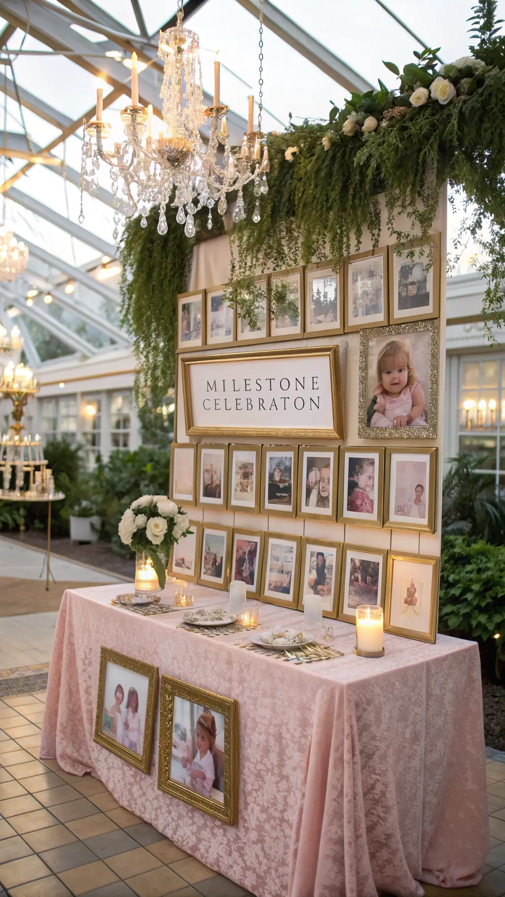 10 Adorable Baby Boy First Birthday Party Ideas for 2025 A luxurious milestone celebration in a sunlit conservatory with a baby photo timeline on a flower wall, velvet linens, gold detailing, and romantic candlelit ambiance. Baby Boy First Birthday Party
