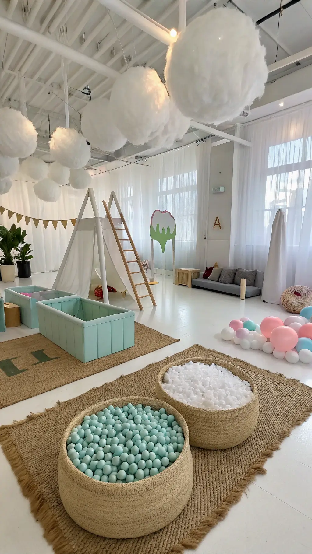 10 Adorable Baby Boy First Birthday Party Ideas for 2025 A modern event space featuring interactive play areas with pastel ball pits, soft climbing structures, musical zones, overhead cotton clouds, oversized letter blocks, geometric shapes, jute rugs, and low cushioned seating bathed in morning light. Baby Boy First Birthday Party