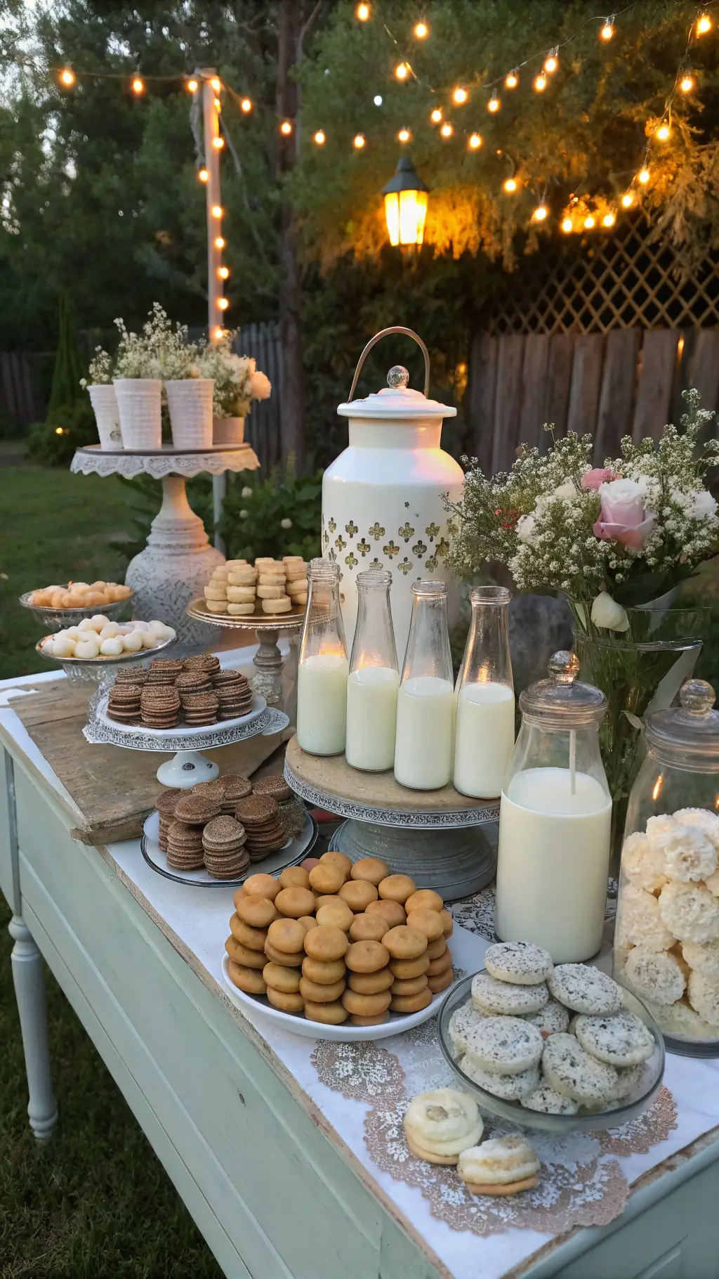 10 Adorable Baby Boy First Birthday Party Ideas for 2025 A warm, golden hour garden celebration featuring vintage milk bottles, stacked cookie jars, macaron displays, and shabby-chic furniture, with string lights overhead and antique silver milk jugs filled with flowers. Baby Boy First Birthday Party