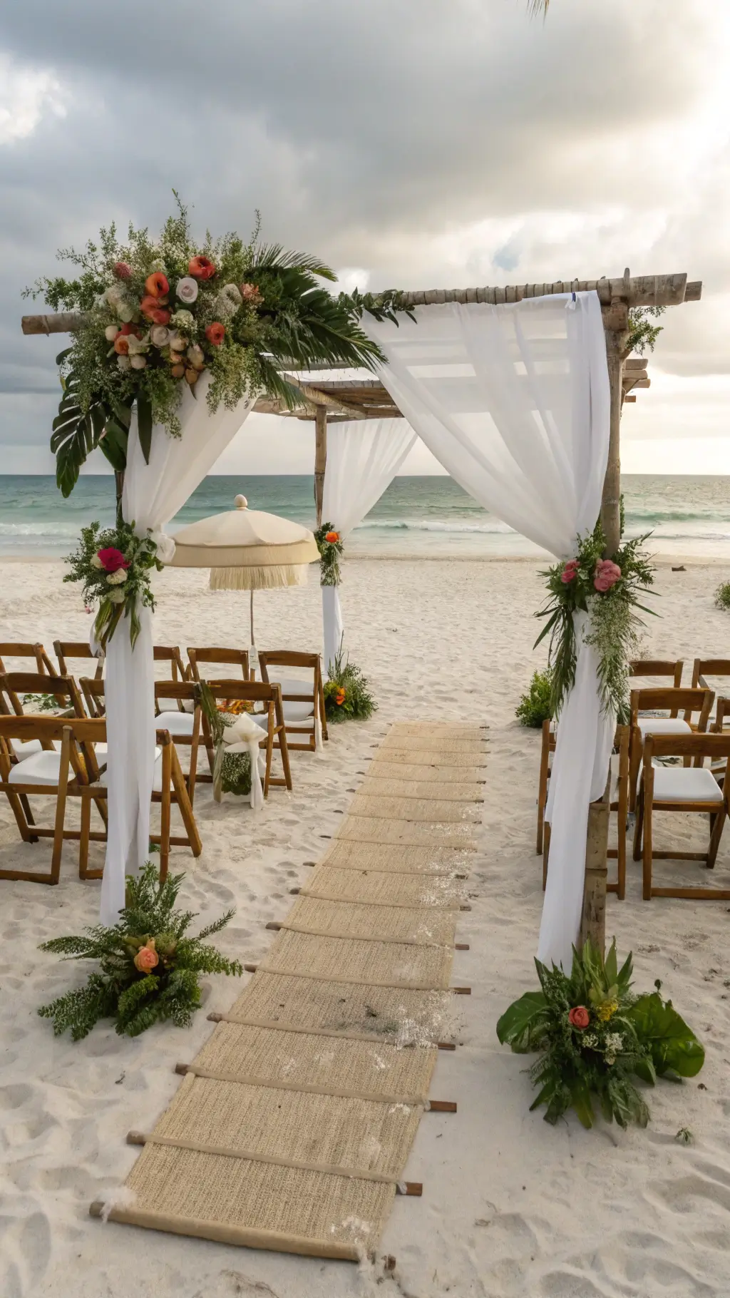 How to Plan a Dream Beach Wedding Reception An elevated view of a beach ceremony with a wooden pergola adorned with white chiffon, protea blooms, and monstera leaves, soft morning light, cross-back chairs on a seagrass aisle, a vintage cart with hats and parasols, and weathered signs against a turquoise ocean backdrop.