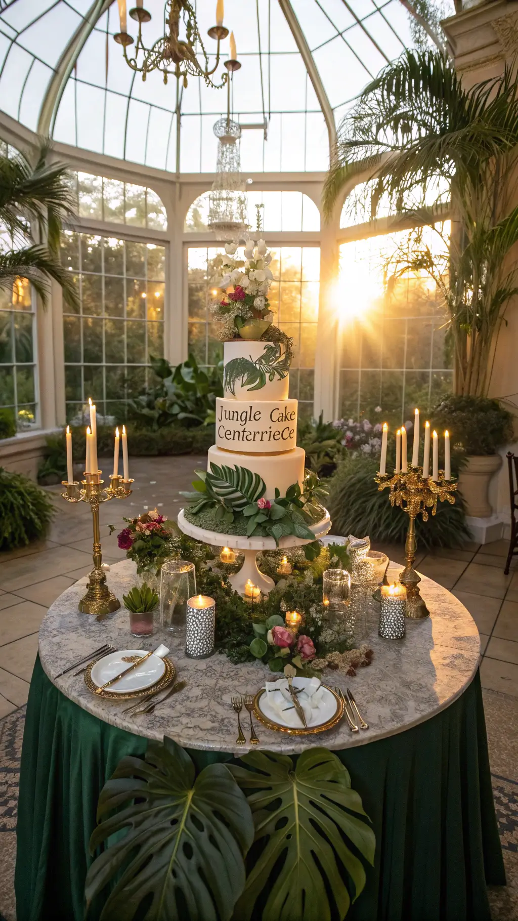 Jungle Theme Cake Ideas: Wild Celebrations Made Sweet Overhead view of a tiered jungle-themed cake in a grand conservatory with sunlight, surrounded by lush greenery, orchids, brass animal figurines, and crystal candelabras on an emerald silk-draped table.