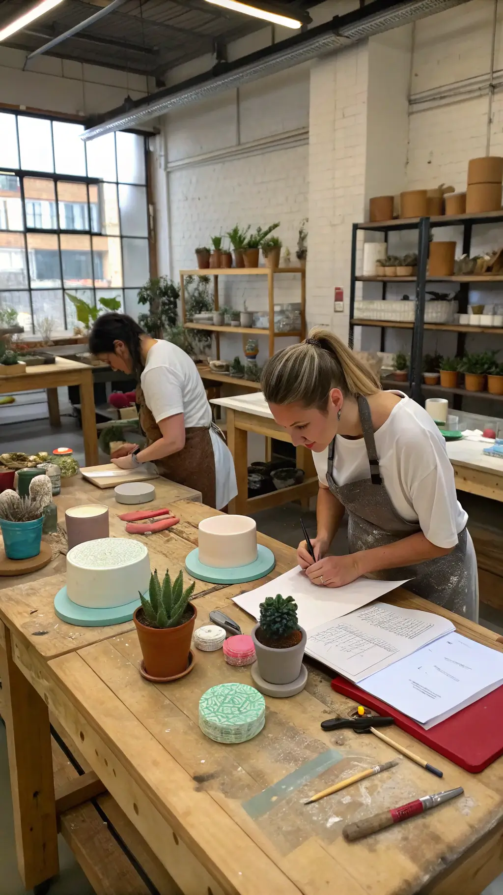 Jungle Theme Cake Ideas: Wild Celebrations Made Sweet An intimate pastry workshop with natural light streaming through industrial windows, illuminating wooden workbenches where fondant jungle animals are being crafted amidst scattered sculpting tools, colored fondant, and reference sketches; background shows shelves of cake forms and materials, with earth tones, terracotta succulents, and leather aprons enhancing craftsmanship ambiance.