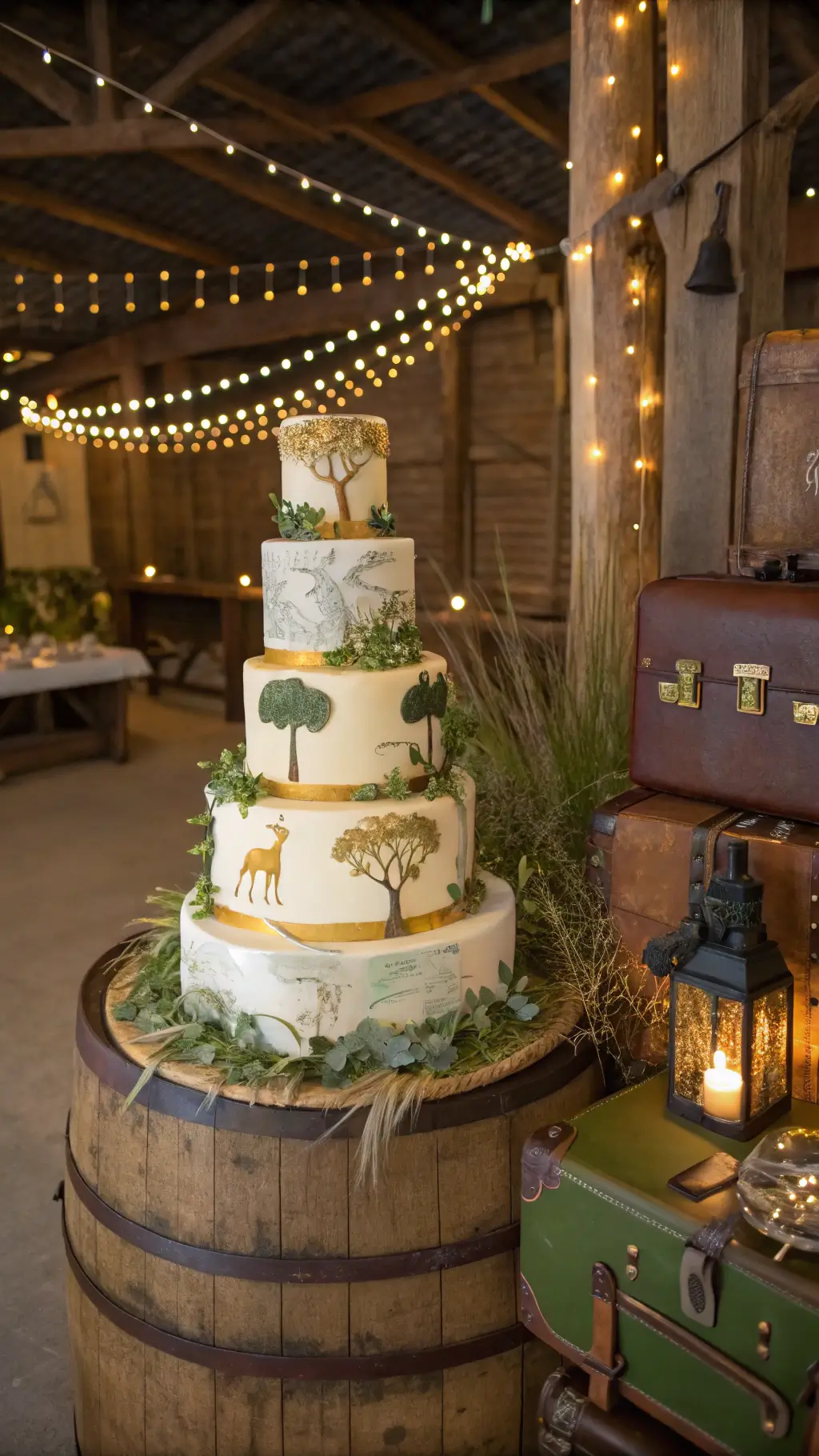 Jungle Theme Cake Ideas: Wild Celebrations Made Sweet Safari-themed cake on a wooden barrel, surrounded by vintage suitcases and accessories, with fairy lights and lanterns enhancing the rustic barn setting.