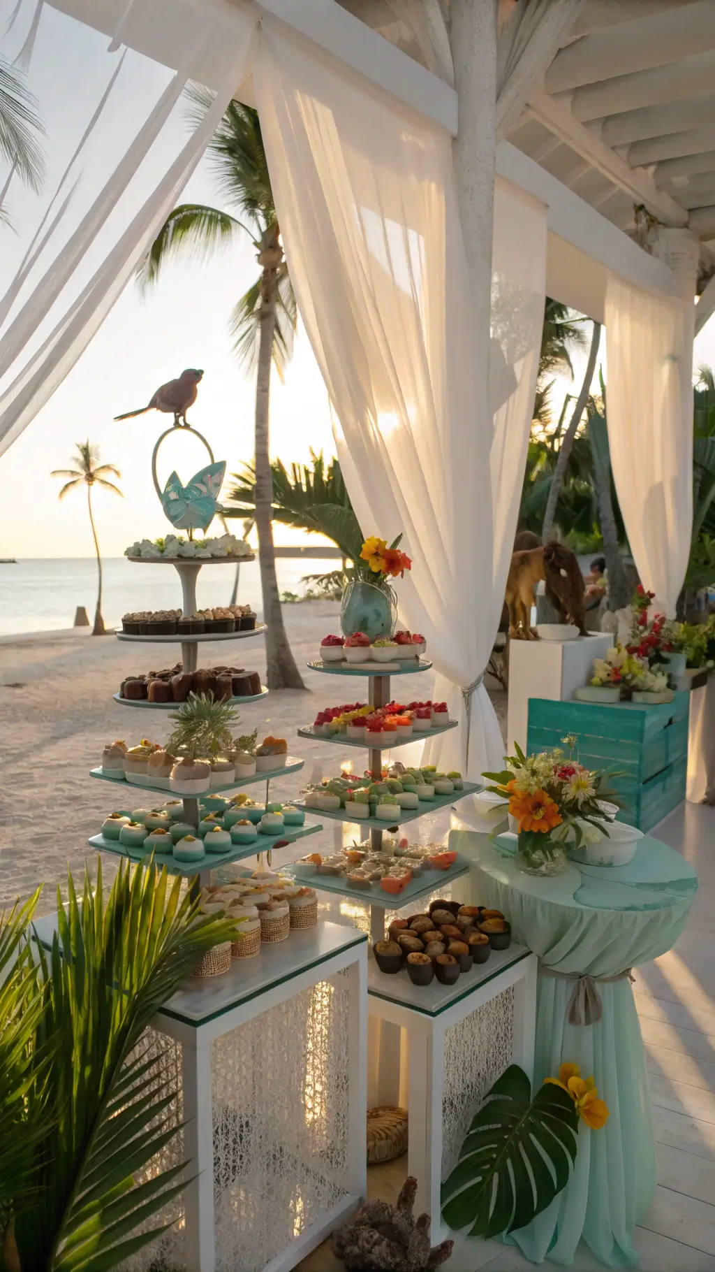 Jungle Theme Cake Ideas: Wild Celebrations Made Sweet A wide-angle view of a beachfront dessert station adorned with jungle-themed treats on acrylic stands, accented by fresh palm fronds and bright birds of paradise flowers. Chocolate monkey figures add playfulness while iridescent butterflies shimmer in late afternoon light. Turquoise, coral, and sunshine yellow colors stand out against white gauzy drapes, casting long shadows.