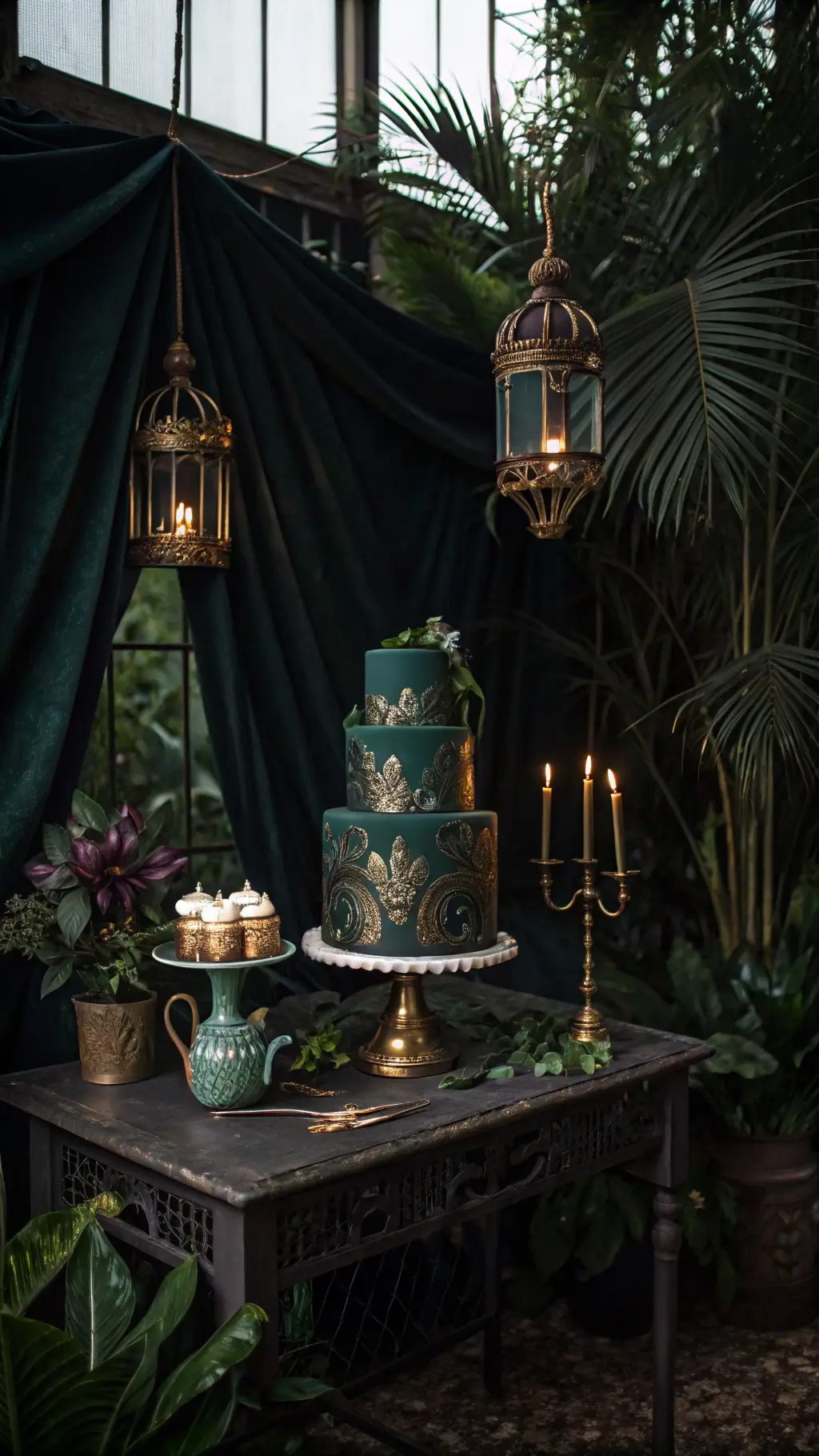 Jungle Theme Cake Ideas: Wild Celebrations Made Sweet Moody editorial shot of an elegant jungle-themed cake in a Victorian greenhouse, illuminated by antique copper lanterns casting dramatic shadows, surrounded by black palm leaves, dark orchids, gold-rimmed teacups, and framed by heavy velvet curtains.