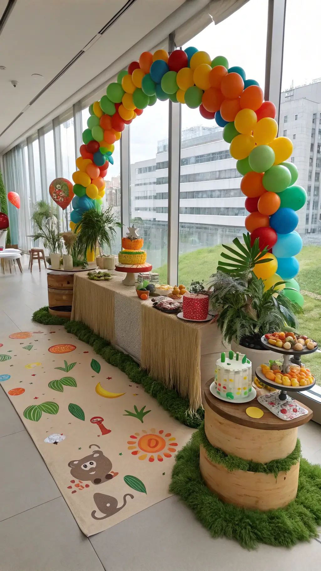 Jungle Theme Cake Ideas: Wild Celebrations Made Sweet Children's jungle party setup in a modern loft with floor-to-ceiling windows illuminating cartoon animal cakes, rainbow balloon garlands, artificial grass carpeting, paint-splattered kraft paper runners, and colorful ceramic planters in vibrant primary colors and leafy greens.