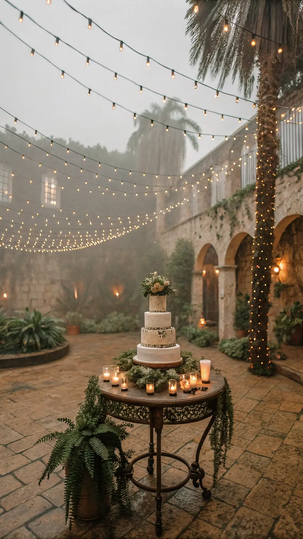 Jungle Theme Cake Ideas: Wild Celebrations Made Sweet A cinematic wide shot of a jungle-themed wedding cake on an antique iron table, draped with silk and surrounded by potted ferns and hanging vines in a candlelit stone courtyard. Twinkling lights create a starry effect overhead, with mercury glass votives and pearl-studded fruits adding romantic touches. Soft creams, misty grays, and rose gold accents enhance the dreamy atmosphere.
