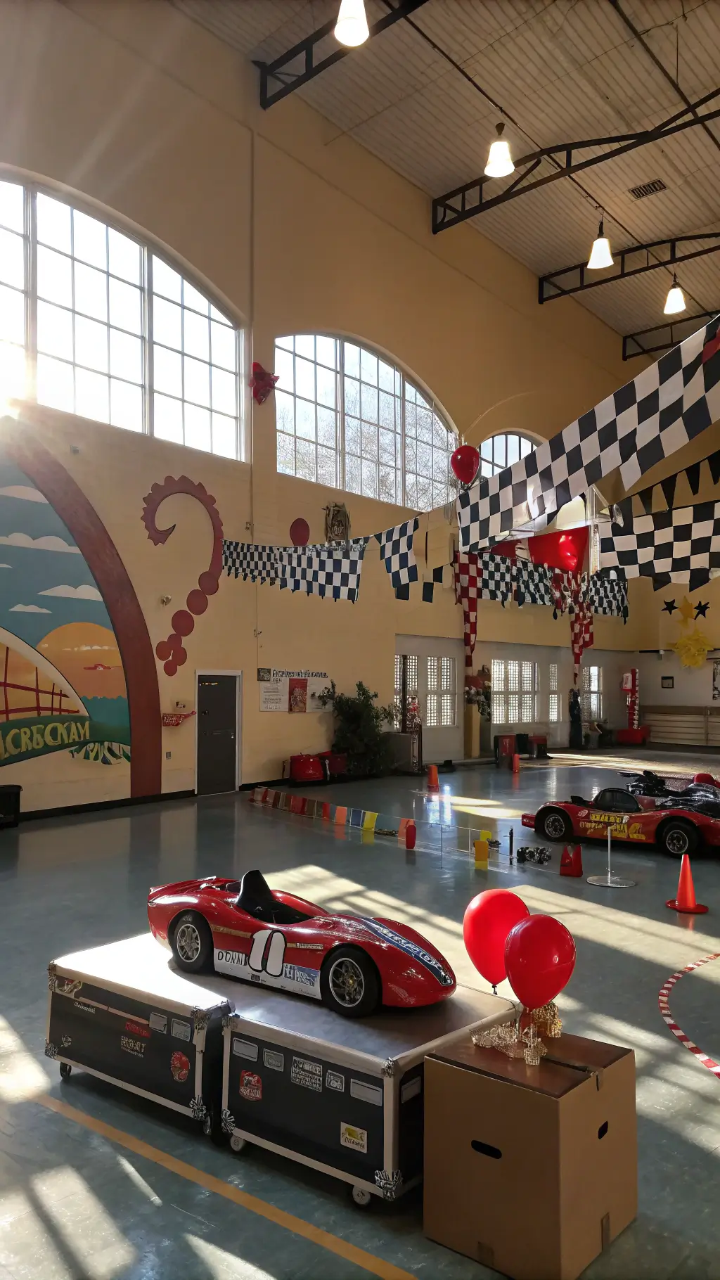 Ultimate Car Birthday Party Ideas: Race Into Celebration! An indoor gymnasium transformed into a vibrant racing-themed venue at golden hour, with sunlight streaming through high windows onto a hand-painted racetrack mural. Overhead, black and white checkered pennant banners crisscross and balloon garlands form archways. Life-sized cardboard race cars in primary colors line the space. A main table displays a pit crew toolbox filled with treats, surrounded by vintage racing items and LED tire-shaped lights. Shot wide to capture the scene's energy.