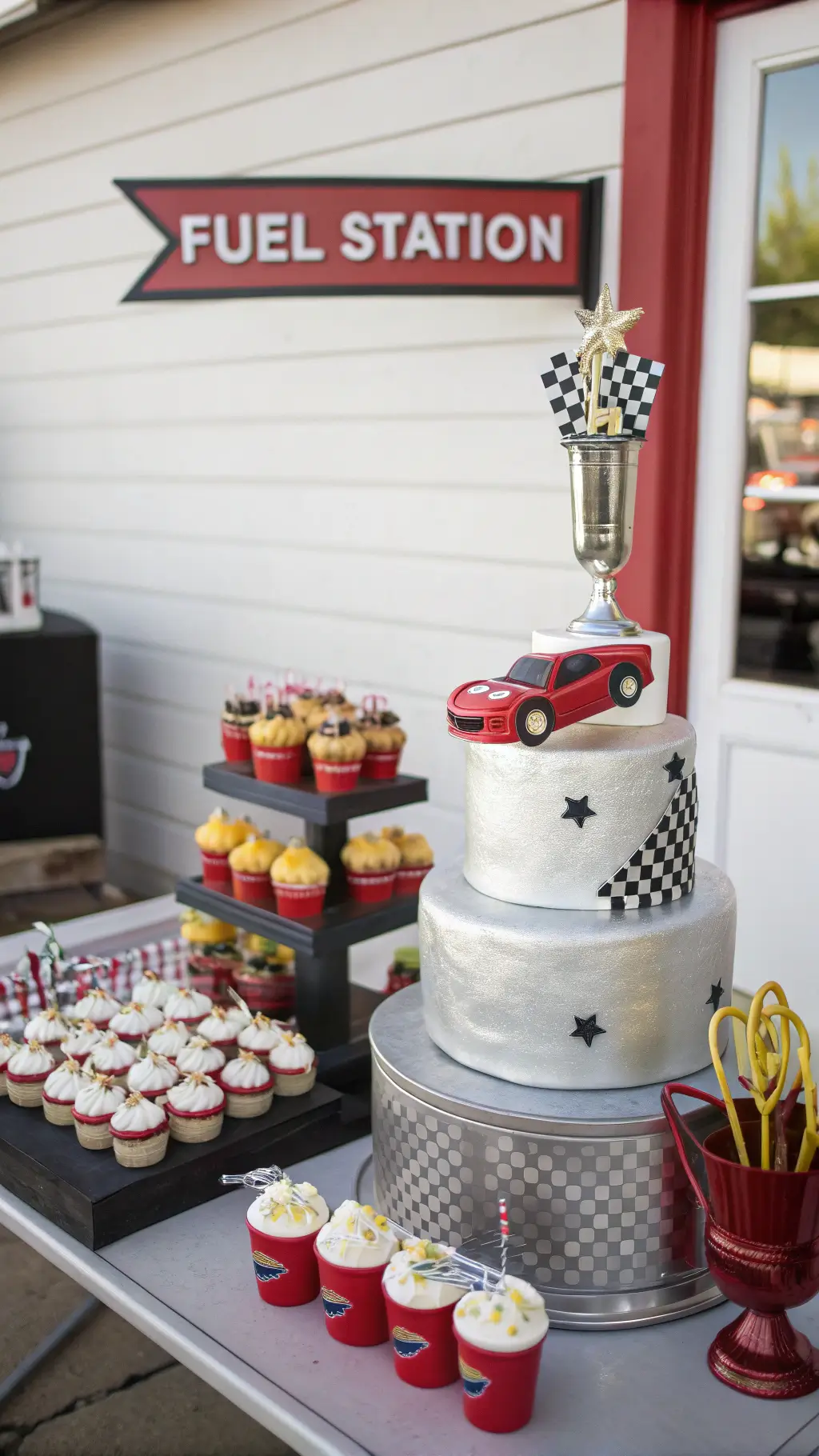 Ultimate Car Birthday Party Ideas: Race Into Celebration! Close-up shot of a 'Fuel Station' themed dessert table with a three-tiered metallic silver race car cake, trophy-shaped candy cups, and cupcakes in red toolboxes, set against a backdrop with an LED 'FUEL STATION' sign.