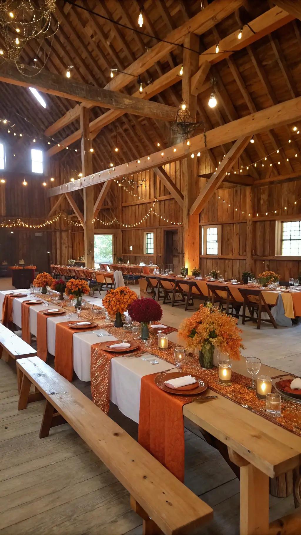 Cozy & Creative fall baby shower food ideas Rustic barn venue transformed for autumn baby shower, featuring harvest tables, burnt orange runners, gold-rimmed settings, fall florals in copper vessels, fairy lights, grazing table with seasonal appetizers, and lounge areas with leather settees and plaid throws.