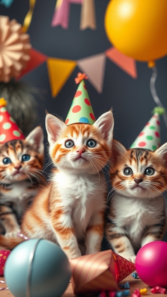 50 Fun and Creative Birthday Phone Wallpapers You’ll Love Three adorable kittens wearing party hats at a birthday celebration.