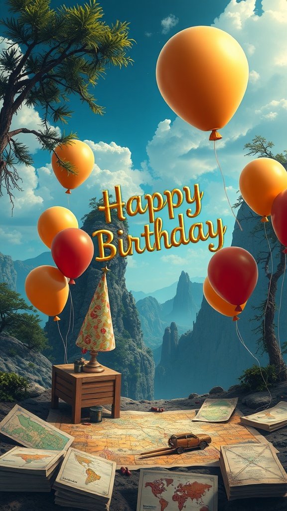50 Fun and Creative Birthday Phone Wallpapers You’ll Love A colorful birthday scene with balloons, a party hat, and a map, symbolizing adventure.